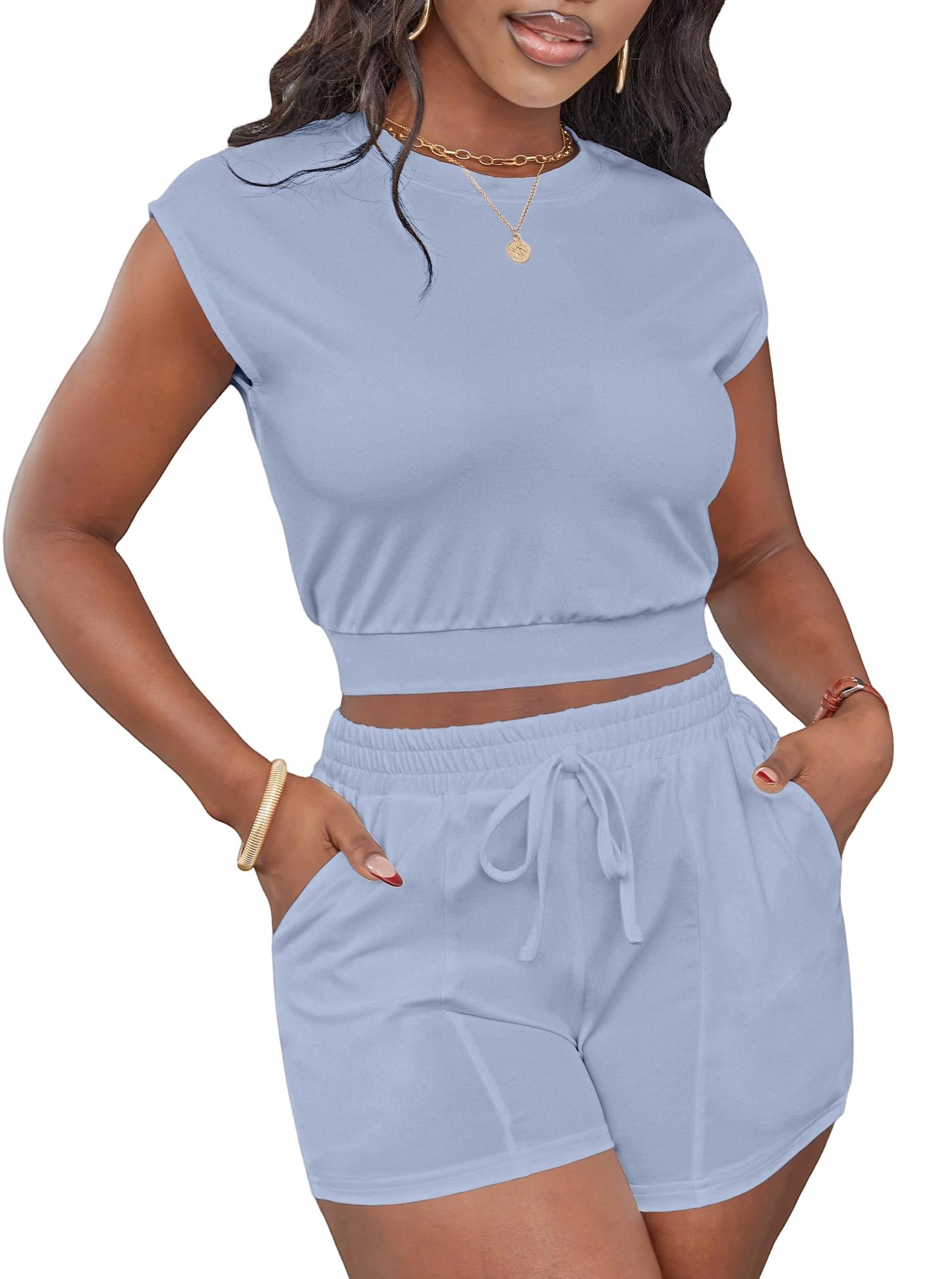 LovelyWholesale Short Sets for Women 2 Piece Summer Sets Cap Sleeve Crop Tops and Shorts Tracksuits Sets