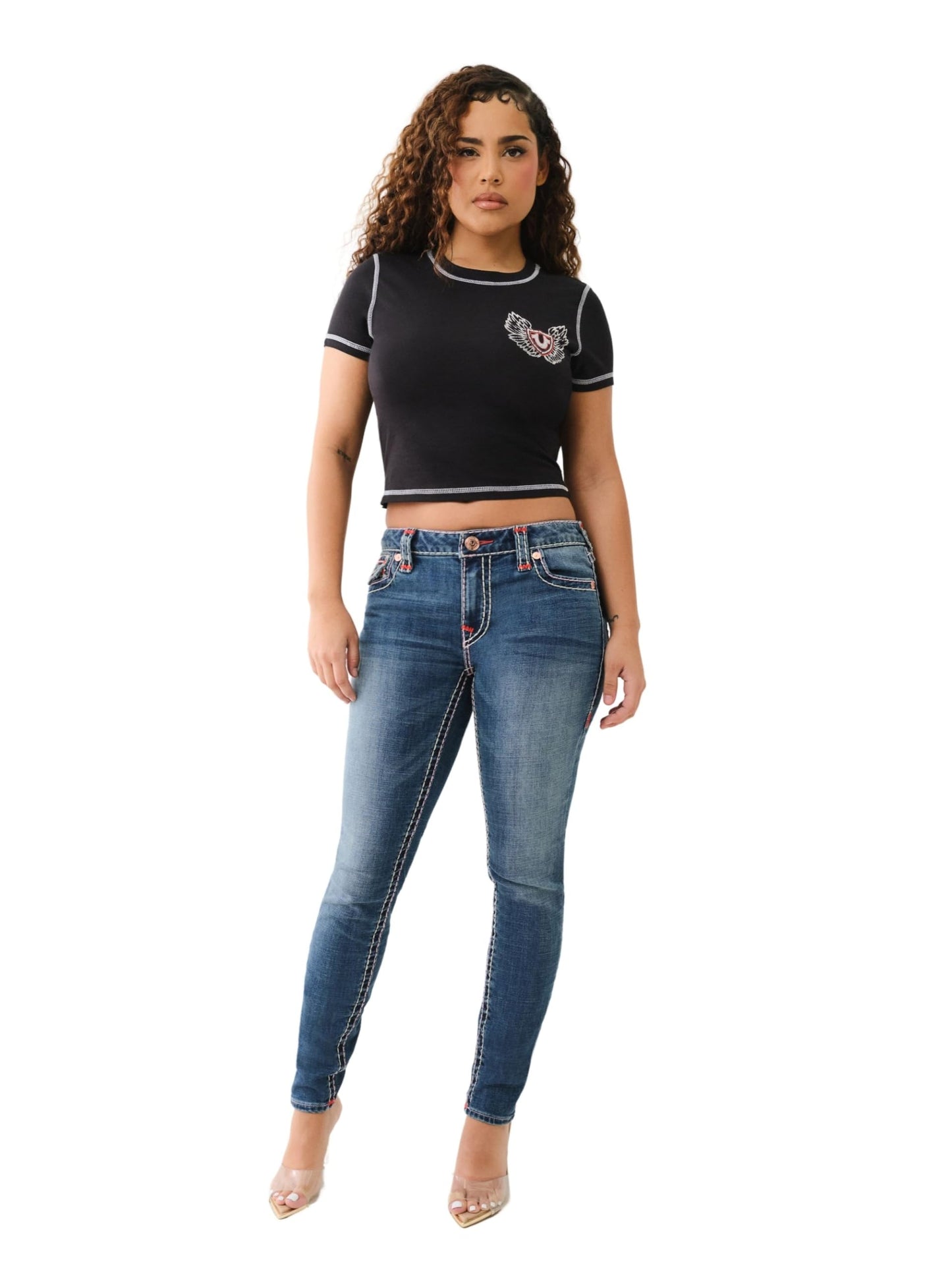 True Religion Women's Contrast Stitch Wing Baby Tee - Casual Crew Neck T-Shirt