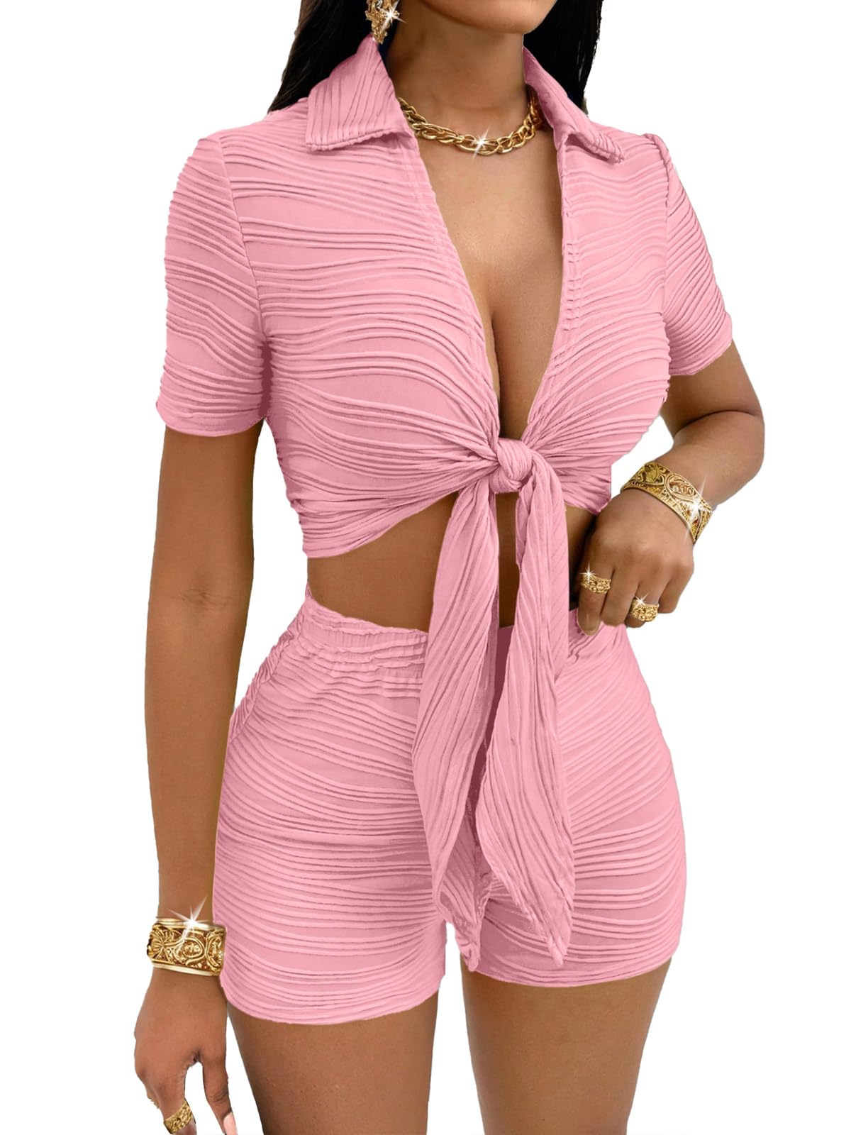 MSLG Women's Sexy 2 Piece Set Solid Summer Bodycon Suit Casual Tie Front Short Sleeve V Neck Crop Top Shorts Outfits Sets S42