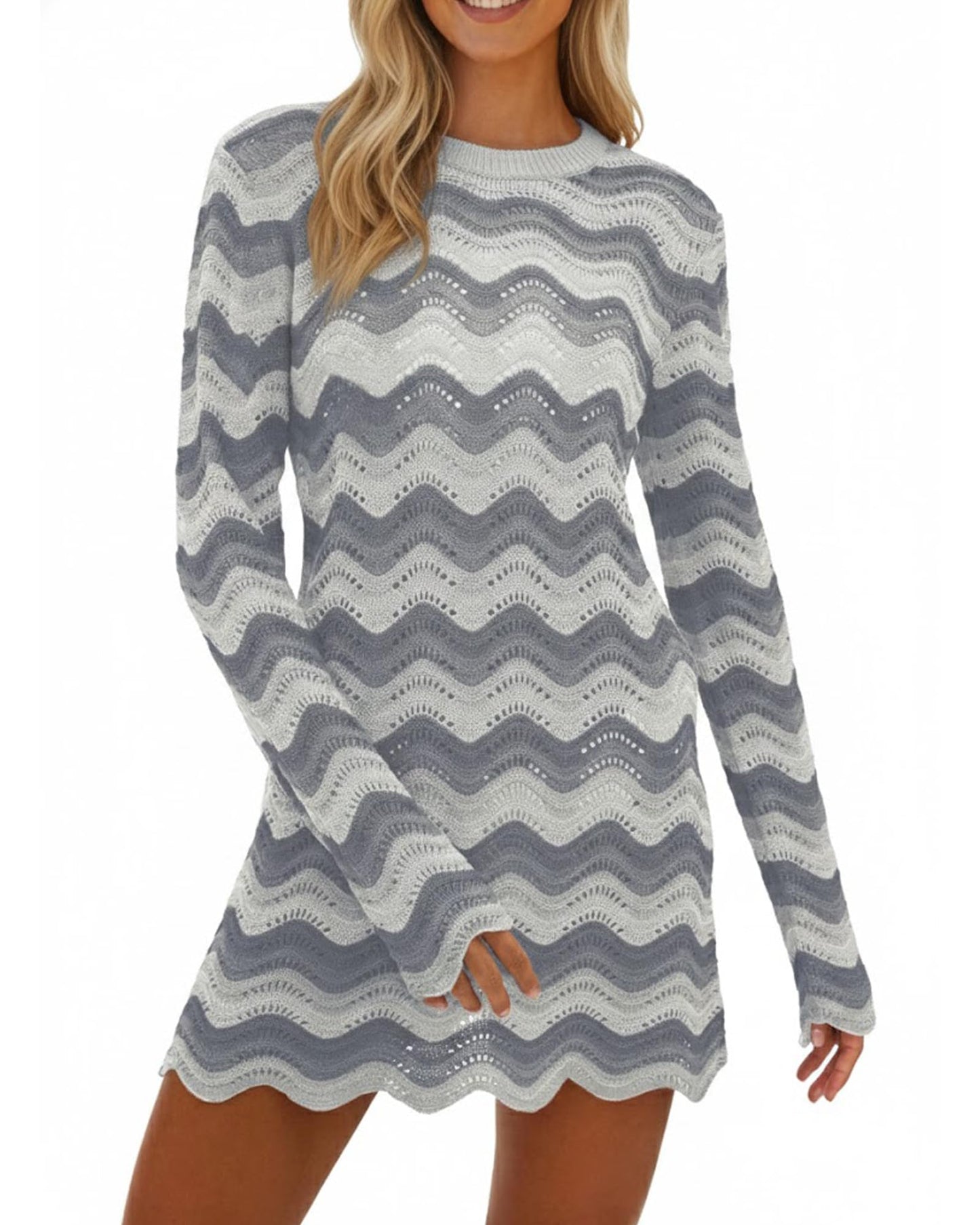 Women's Crochet Colorful Mesh Summer Long Sleeve Cover Ups Casual Striped Beach Wear Knit Mini Dresses