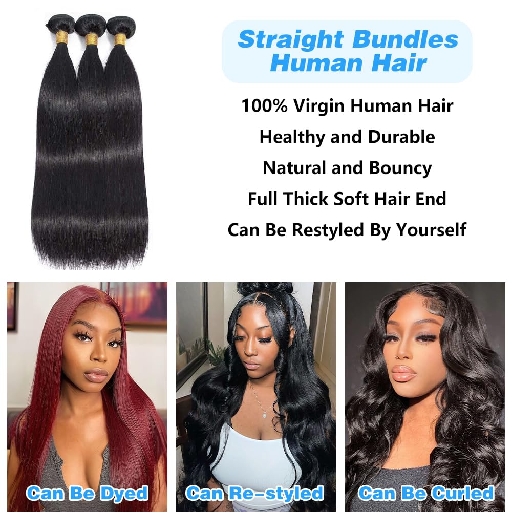 Straight Bundles Human Hair 12 14 16 Inch 100% Unprocessed Brazilian Virgin Hair Straight Weave Bundle Human Hair Bundles Real Natural Black Human Hair Extensions