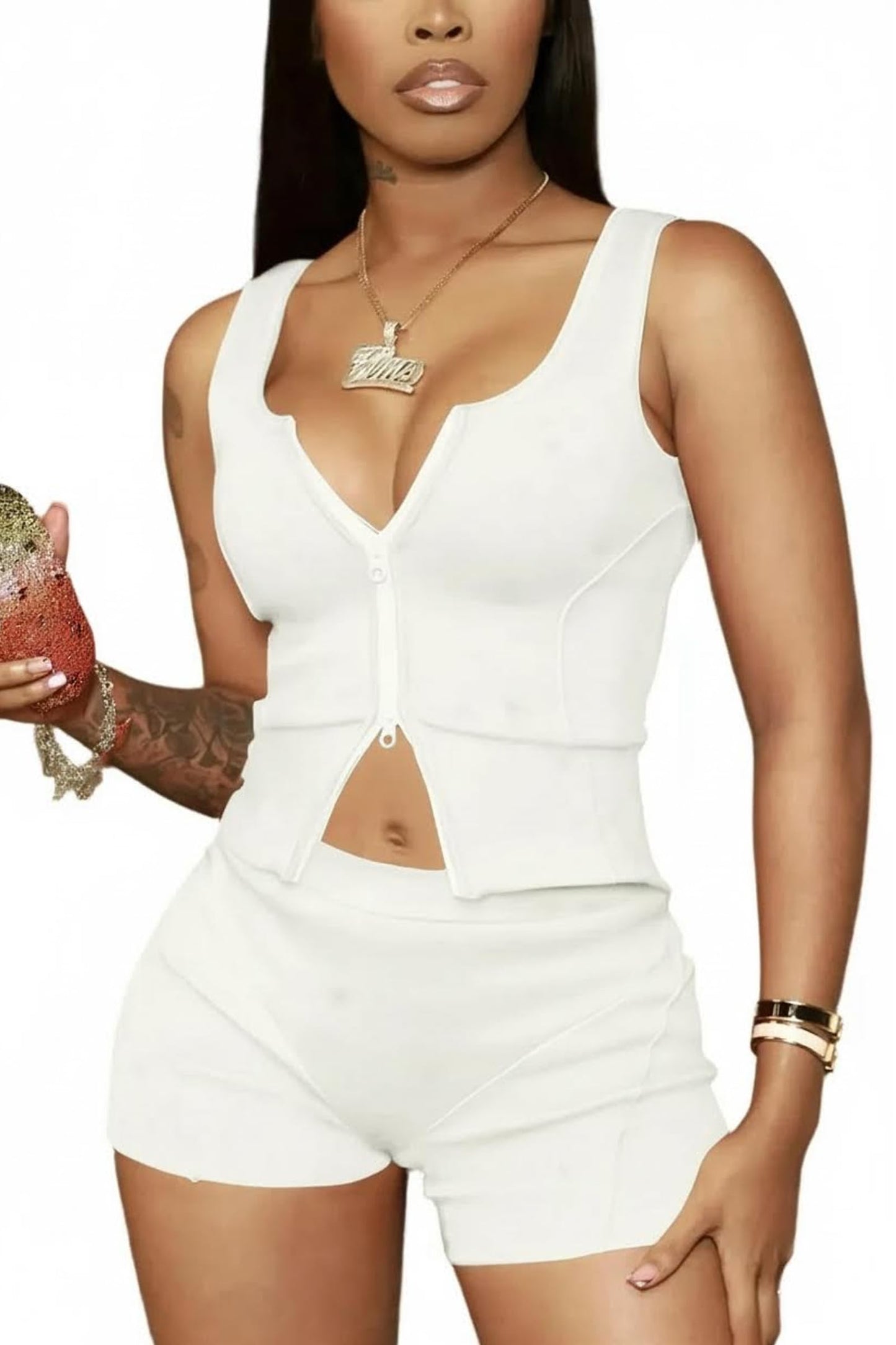 Ekaliy Women's 2 Piece Short Sets Sexy Two-Way Zipper Tank Top and High Waisted Shorts Outfits Bodycon Club Activewear Set