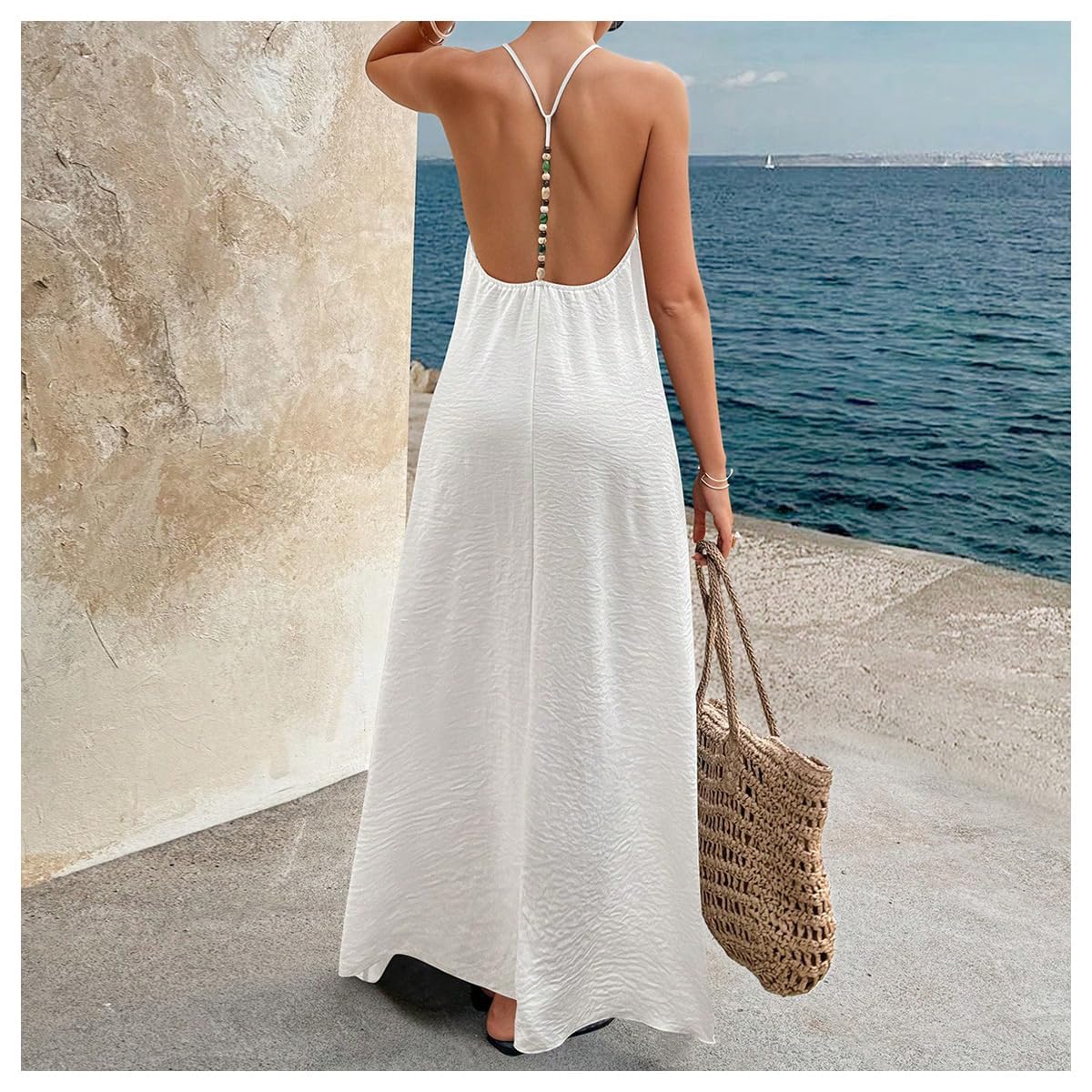 Verdusa Women's Backless Cami Dress Long Maxi Flowy Linen Dresses Summer Vacation Beach Outfits Sun Dress