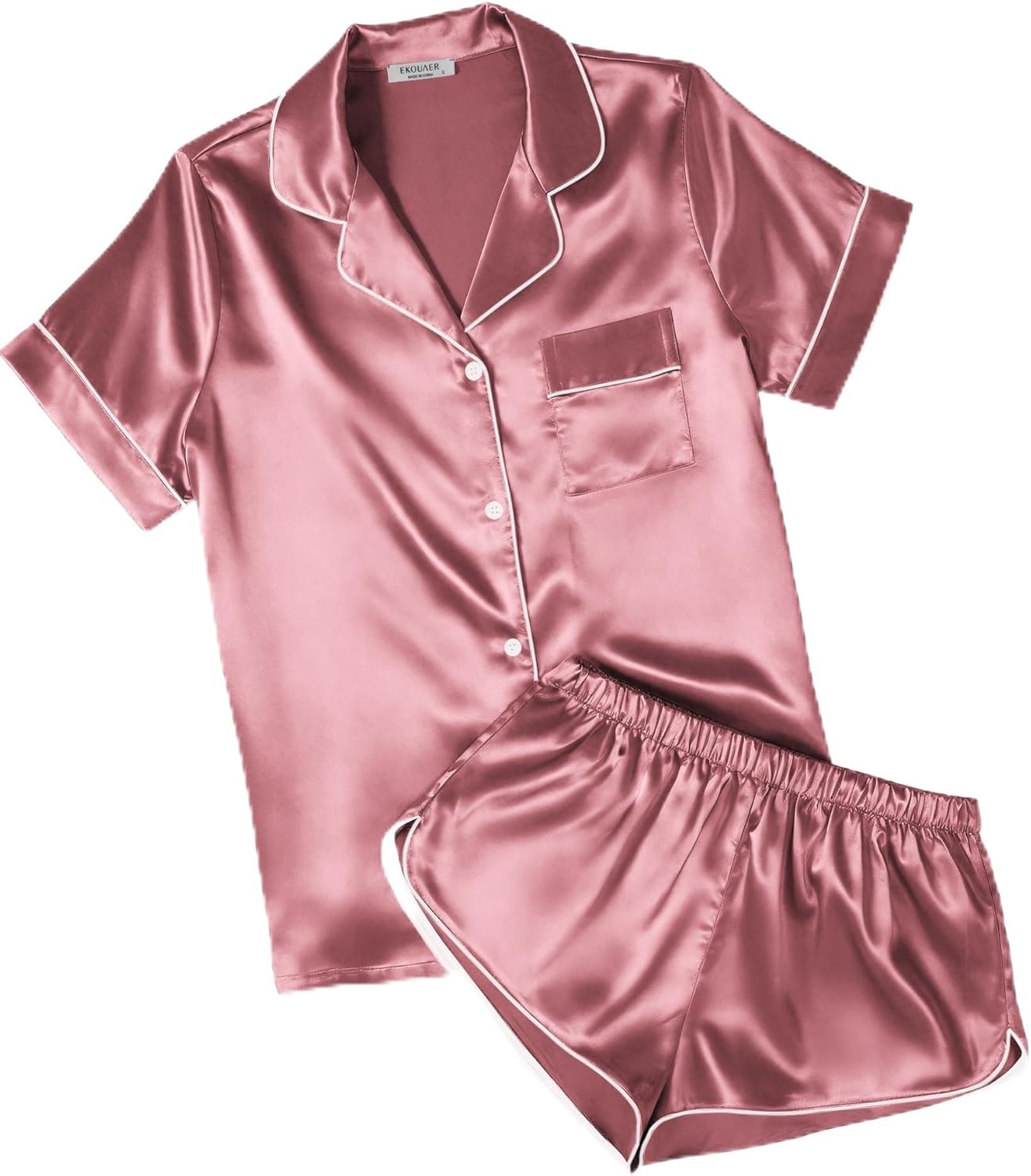 Ekouaer Womens Silk Satin Pajamas Short Sleeve PJS Shorts Set Soft Button Down Sleepwear 2 Piece Loungewear S-5XL