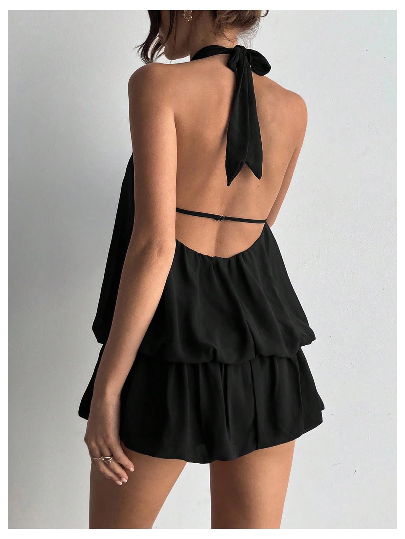 Floerns Women's Y2k Summer Halter Dress Tie Open Back Sleeveless Ruffle Hem Bubble Going Out Mini Dresses