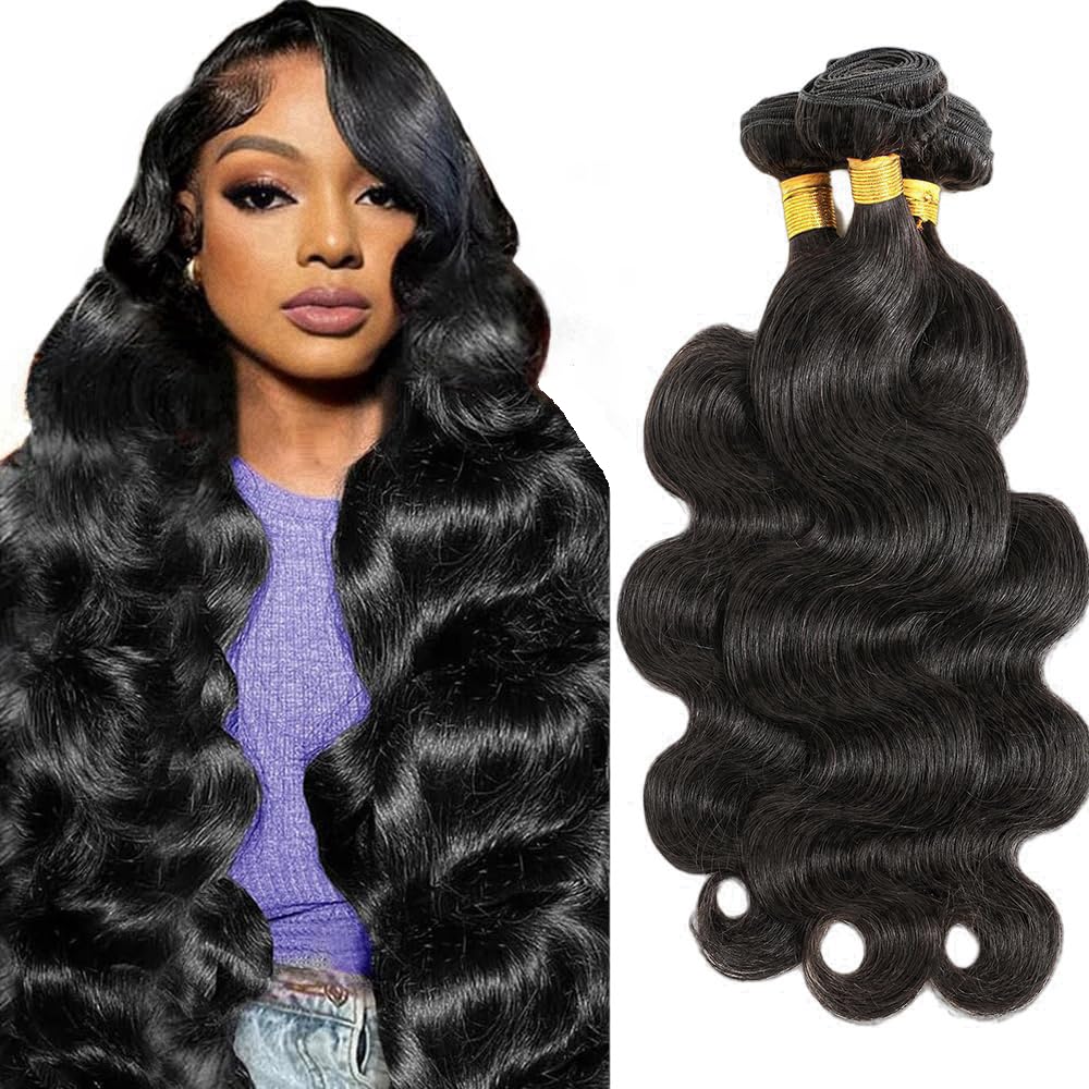 CSCHS 12A Human Hair Bundles 22 24 26 Inch Body Wave Bundles Human Hair 100% Unprocessed Brazilian Virgin Hair Quick Weave Extensions Natural Black