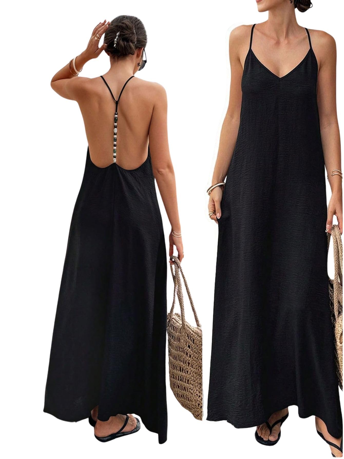 Verdusa Women's Backless Cami Dress Long Maxi Flowy Linen Dresses Summer Vacation Beach Outfits Sun Dress