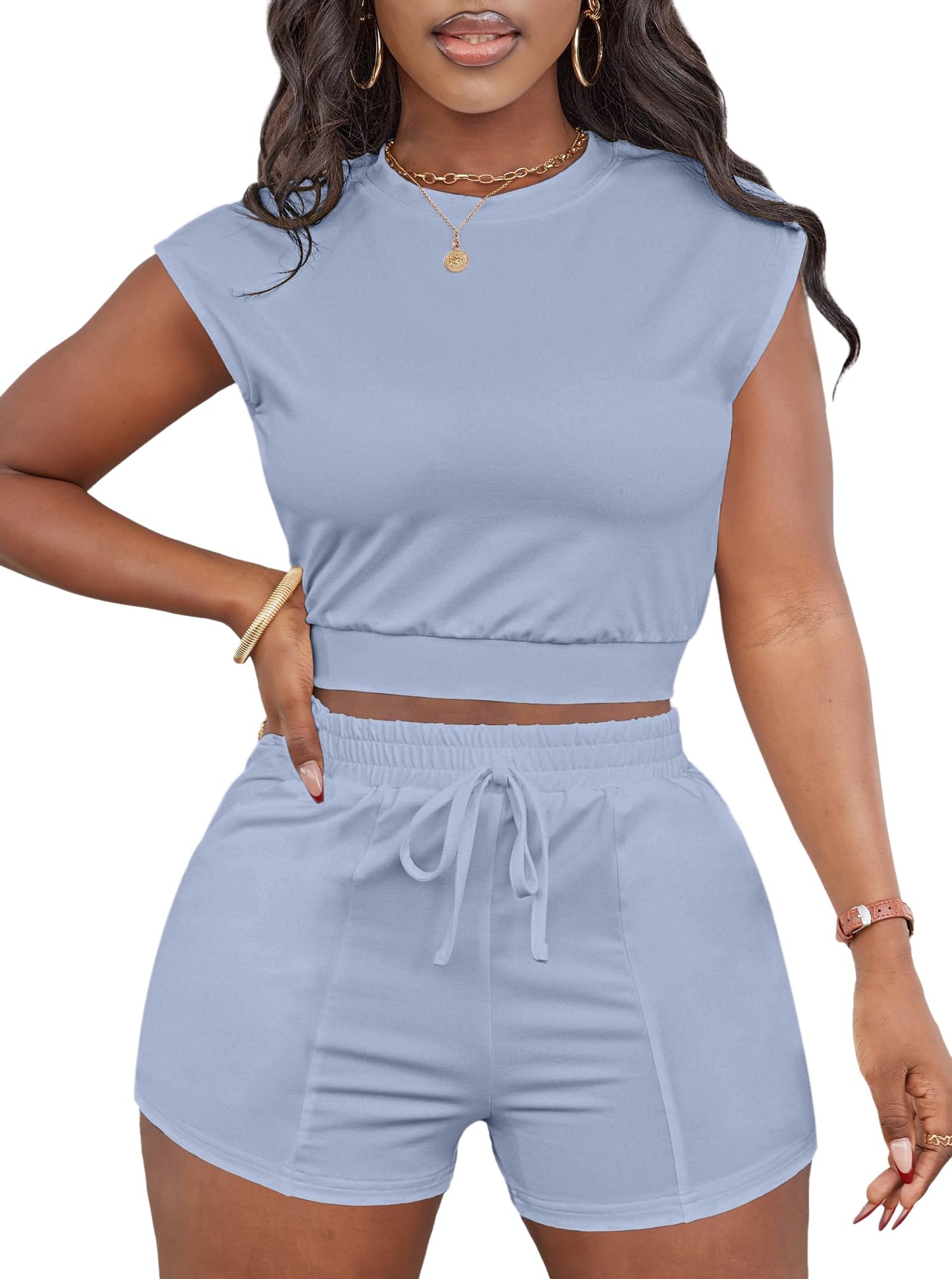 LovelyWholesale Short Sets for Women 2 Piece Summer Sets Cap Sleeve Crop Tops and Shorts Tracksuits Sets