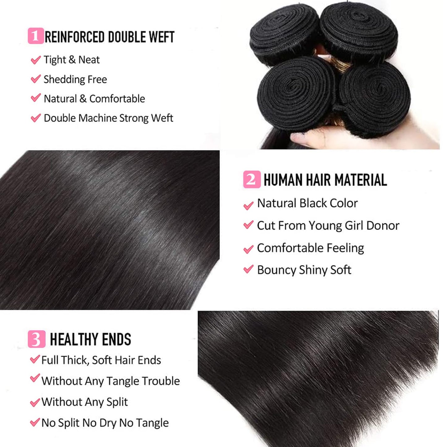 Straight Bundles Human Hair 12 14 16 Inch 100% Unprocessed Brazilian Virgin Hair Straight Weave Bundle Human Hair Bundles Real Natural Black Human Hair Extensions