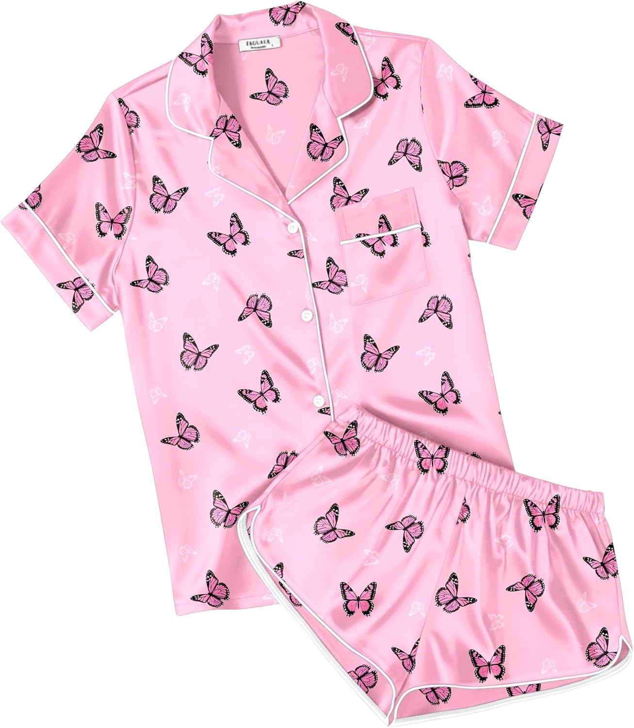 Ekouaer Womens Silk Satin Pajamas Short Sleeve PJS Shorts Set Soft Button Down Sleepwear 2 Piece Loungewear S-5XL