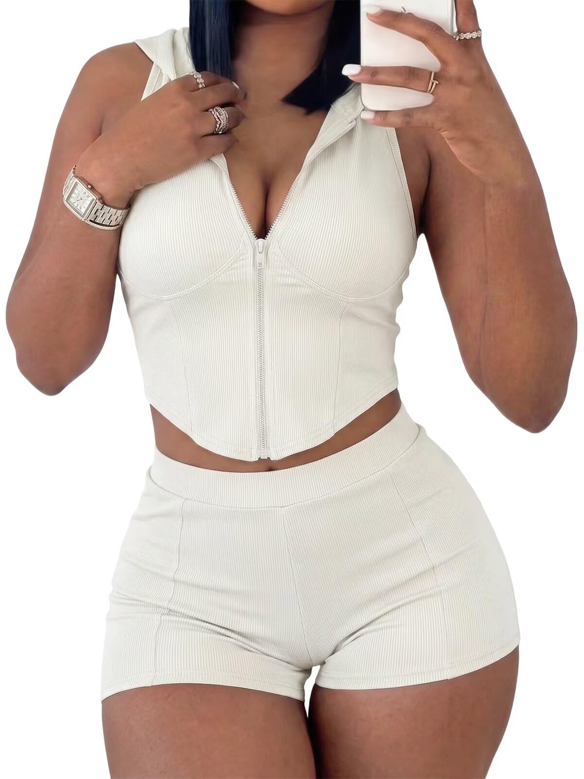 Women's 2 Piece Short Sets Sleeveless Hoodied Tops Ribbed Workout Set Summer Tracksuit Loungewear