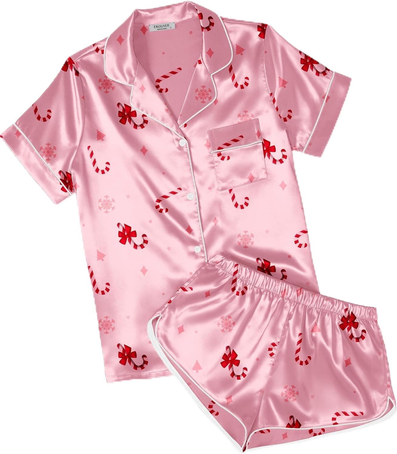 Ekouaer Womens Silk Satin Pajamas Short Sleeve PJS Shorts Set Soft Button Down Sleepwear 2 Piece Loungewear S-5XL
