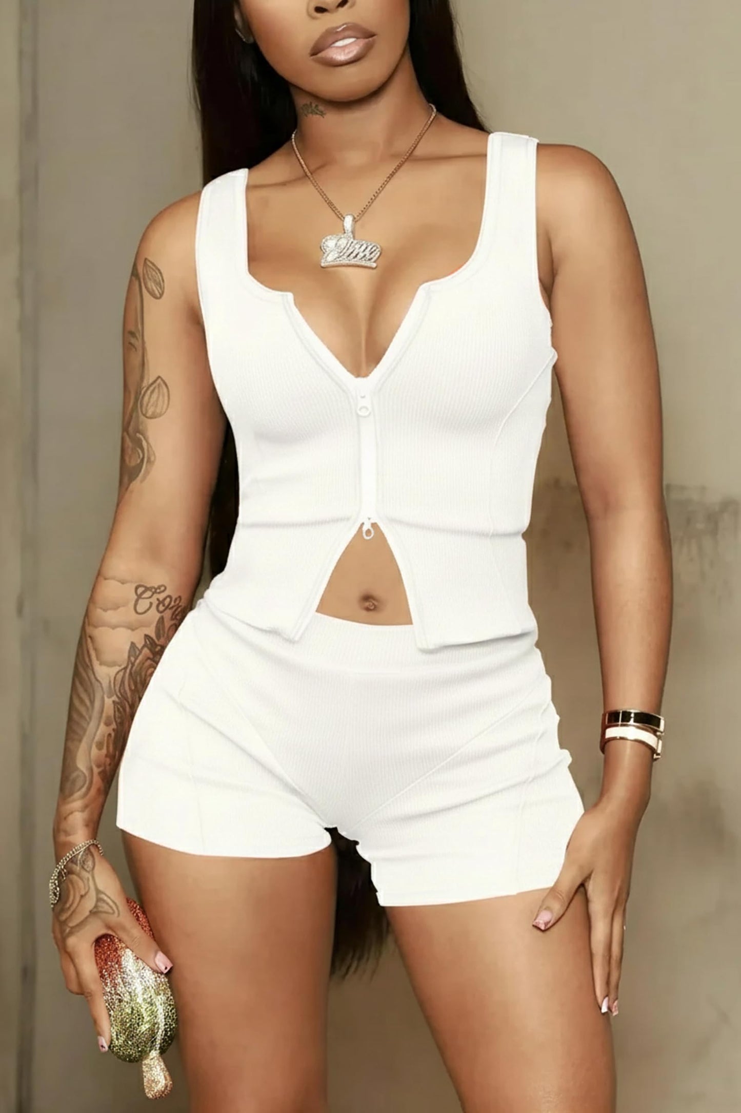 Ekaliy Women's 2 Piece Short Sets Sexy Two-Way Zipper Tank Top and High Waisted Shorts Outfits Bodycon Club Activewear Set