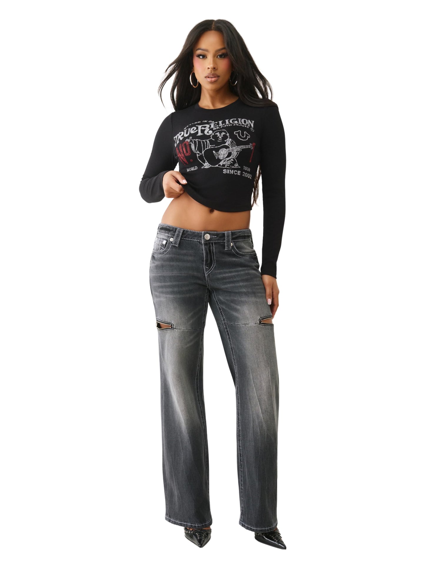 True Religion Printed Buddha Long Sleeve Baby Tee for Women – Soft T-Shirt, Casual Trendy Top