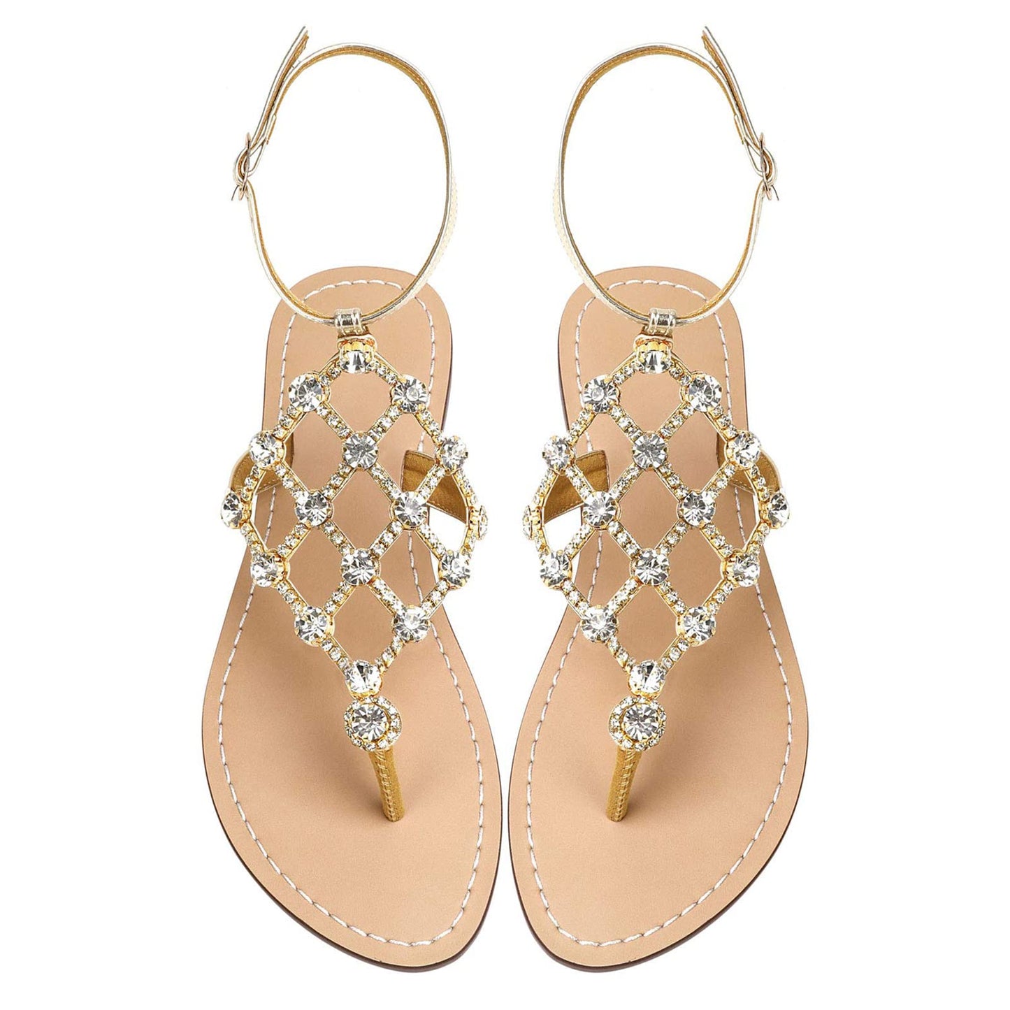 UTIKLIOU Women's Rhinestone Flat Sandals T-Strap Thong Sandals Summer Flat Sandals Flip Flop Sandals for Women