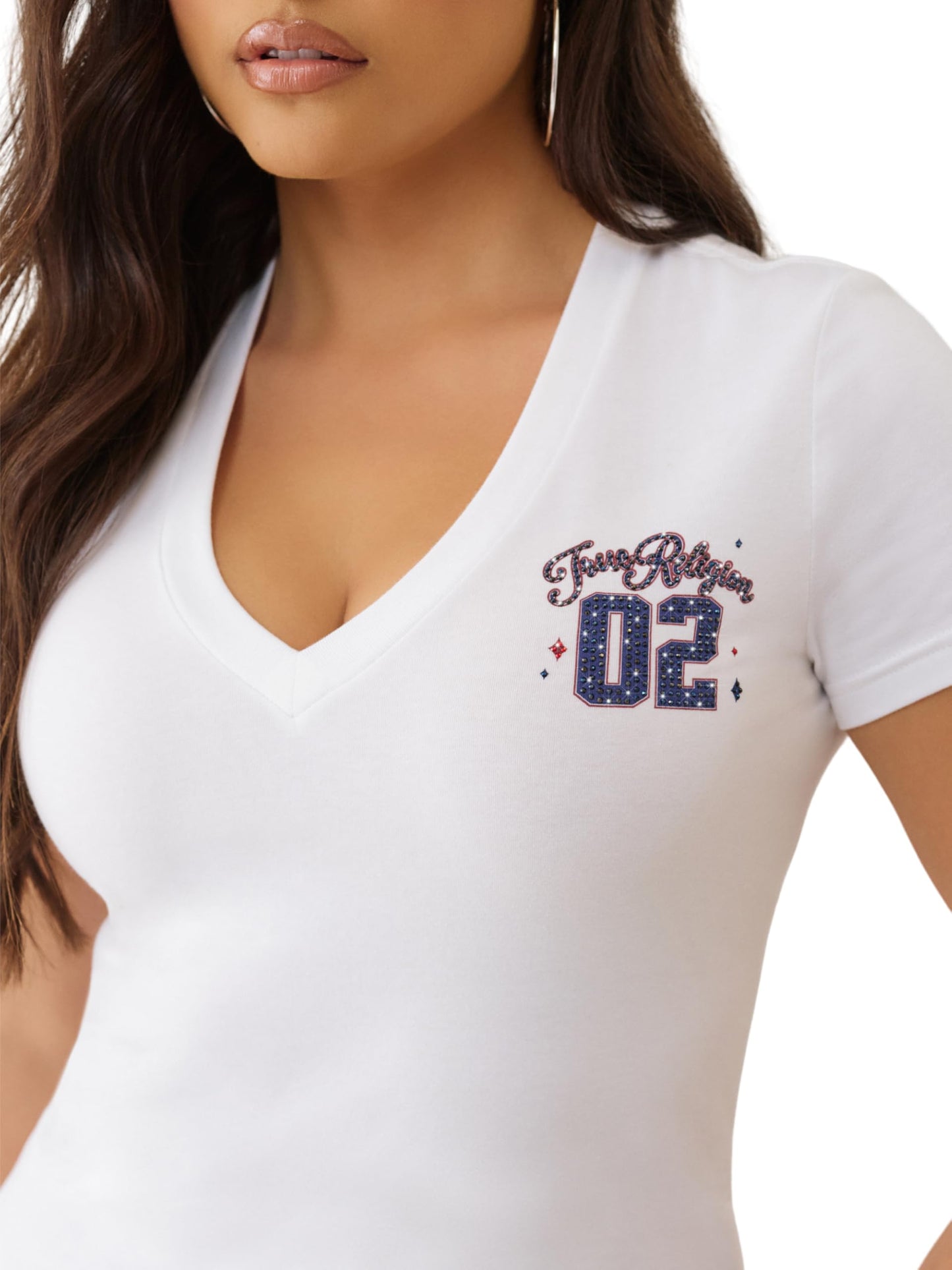 True Religion Women's Sporty Crystal V-Neck Tee – Short Sleeve Rhinestone Graphic T-Shirt