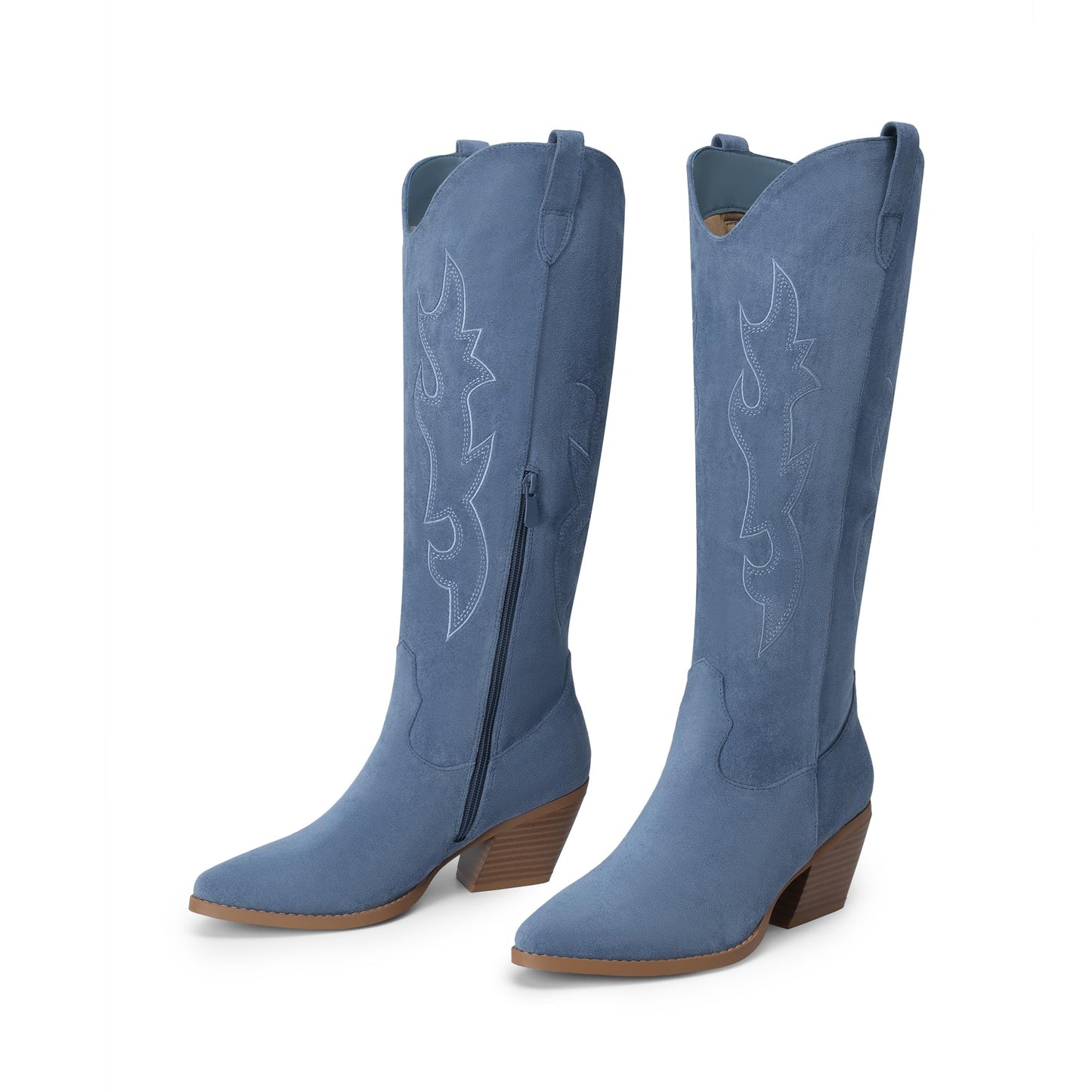 DREAM PAIRS Cowgirl Boots Women Knee High Cowboy Boots Pointed Toe Chunky Block Heel Suede Tall Western Boots with Embroidered