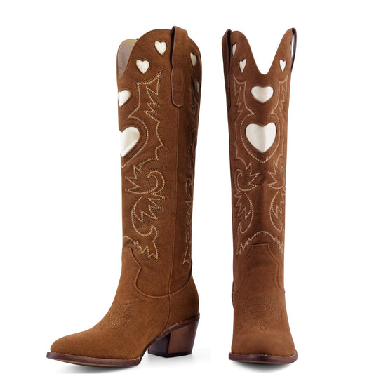 Cowboy Boots for Women Wide Calf Round Toe Chunky Stacked Heel Knee High Cowgirl Boot Heart Pattern Classic Embroidered Tall Western Booties Pull on