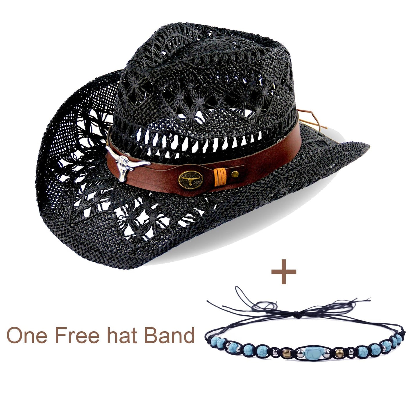Men's Women's Straw Cowboy Hat Cowgirl Woven Sun Hat Western Cowboy Hat Two Decorative Bands