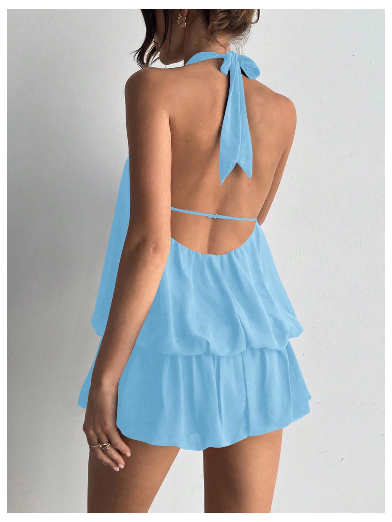 Floerns Women's Y2k Summer Halter Dress Tie Open Back Sleeveless Ruffle Hem Bubble Going Out Mini Dresses