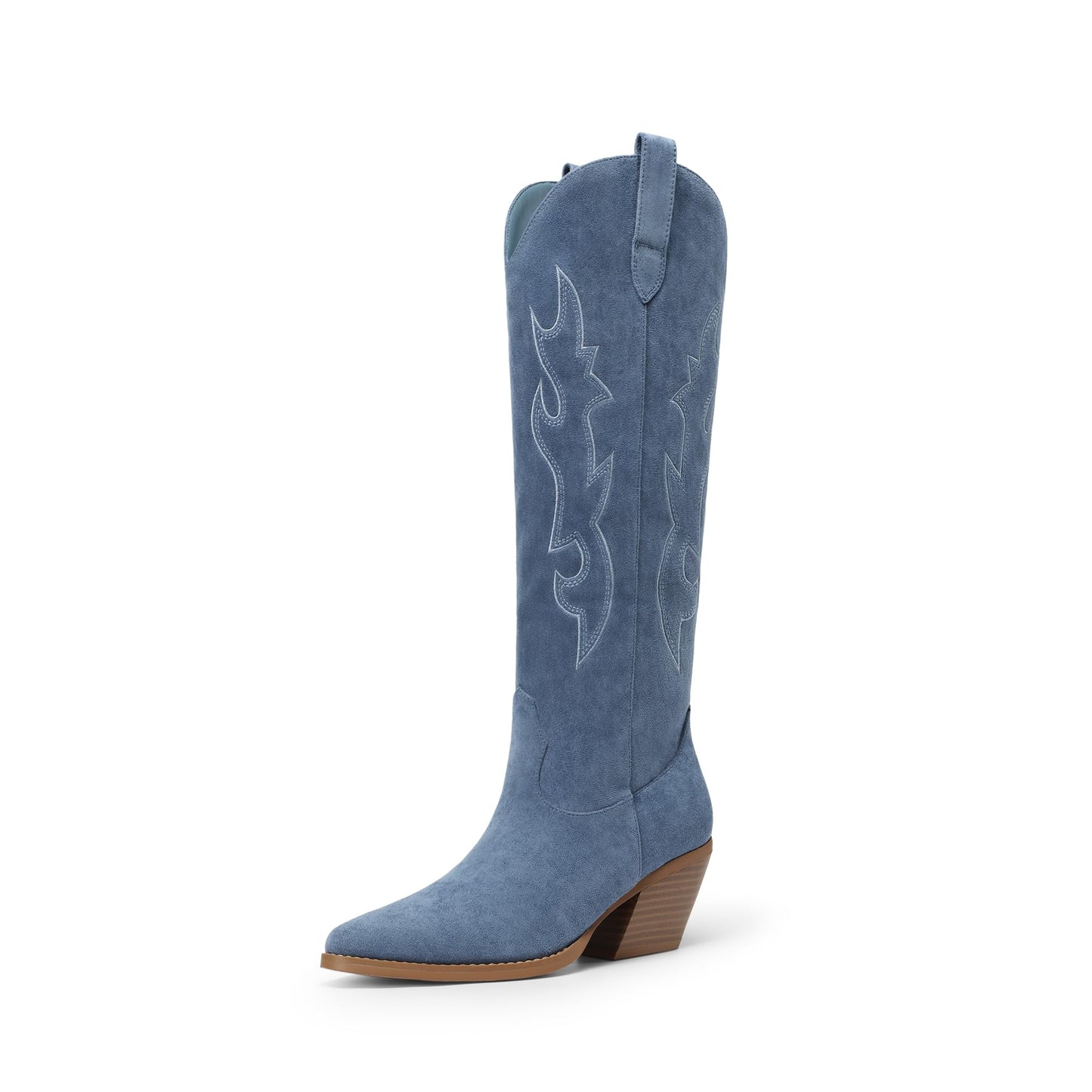 DREAM PAIRS Cowgirl Boots Women Knee High Cowboy Boots Pointed Toe Chunky Block Heel Suede Tall Western Boots with Embroidered