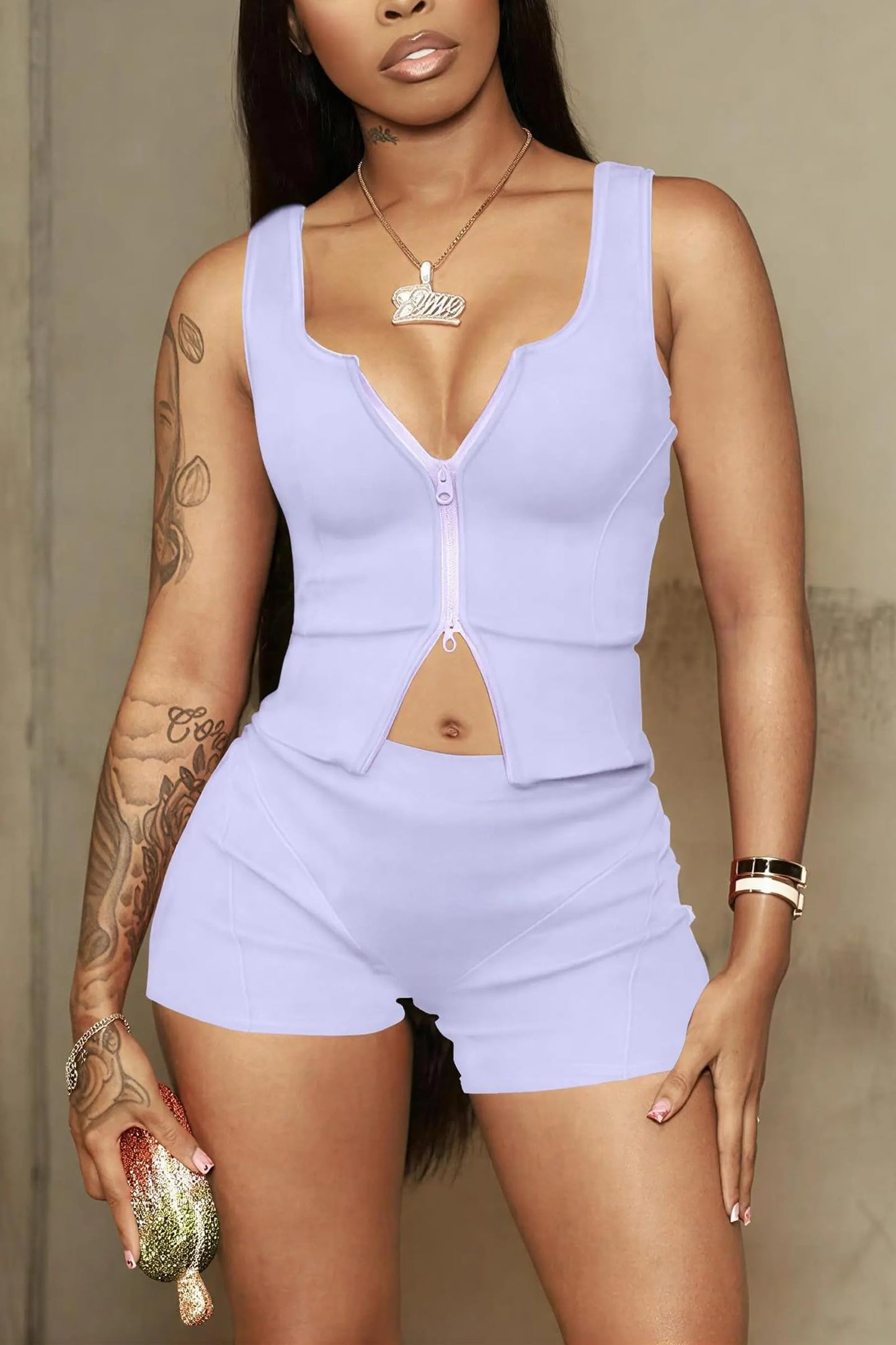 Ekaliy Women's 2 Piece Short Sets Sexy Two-Way Zipper Tank Top and High Waisted Shorts Outfits Bodycon Club Activewear Set