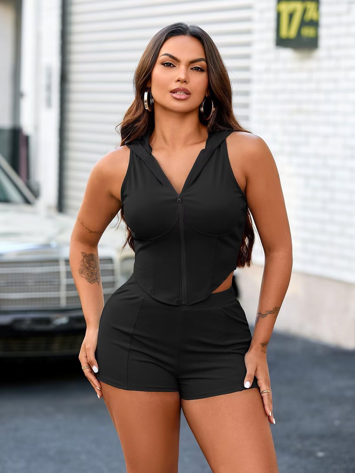 Women's 2 Piece Short Sets Sleeveless Hoodied Tops Ribbed Workout Set Summer Tracksuit Loungewear