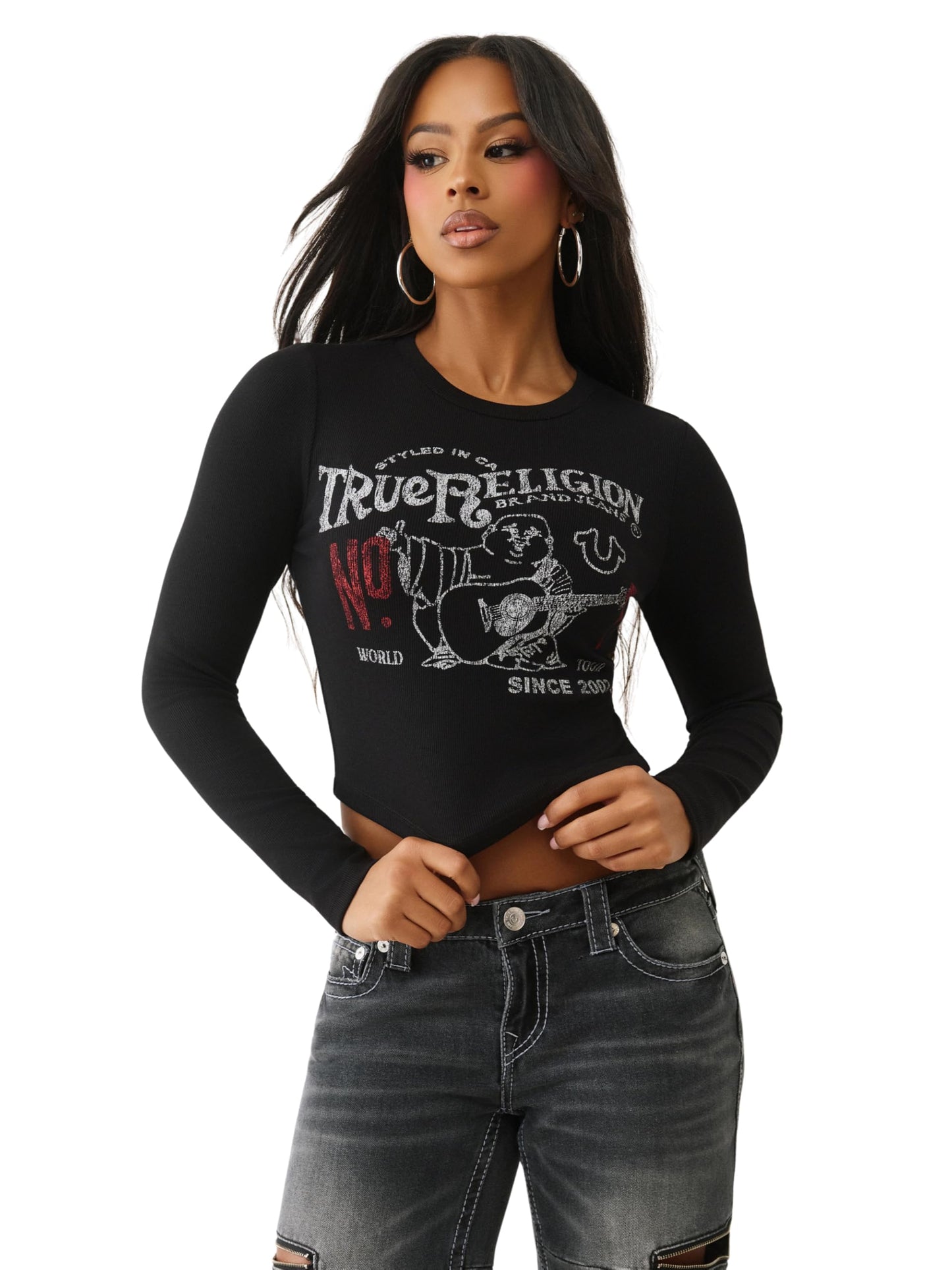 True Religion Printed Buddha Long Sleeve Baby Tee for Women – Soft T-Shirt, Casual Trendy Top