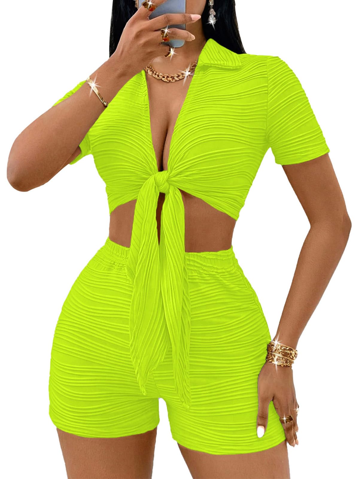 MSLG Women's Sexy 2 Piece Set Solid Summer Bodycon Suit Casual Tie Front Short Sleeve V Neck Crop Top Shorts Outfits Sets S42