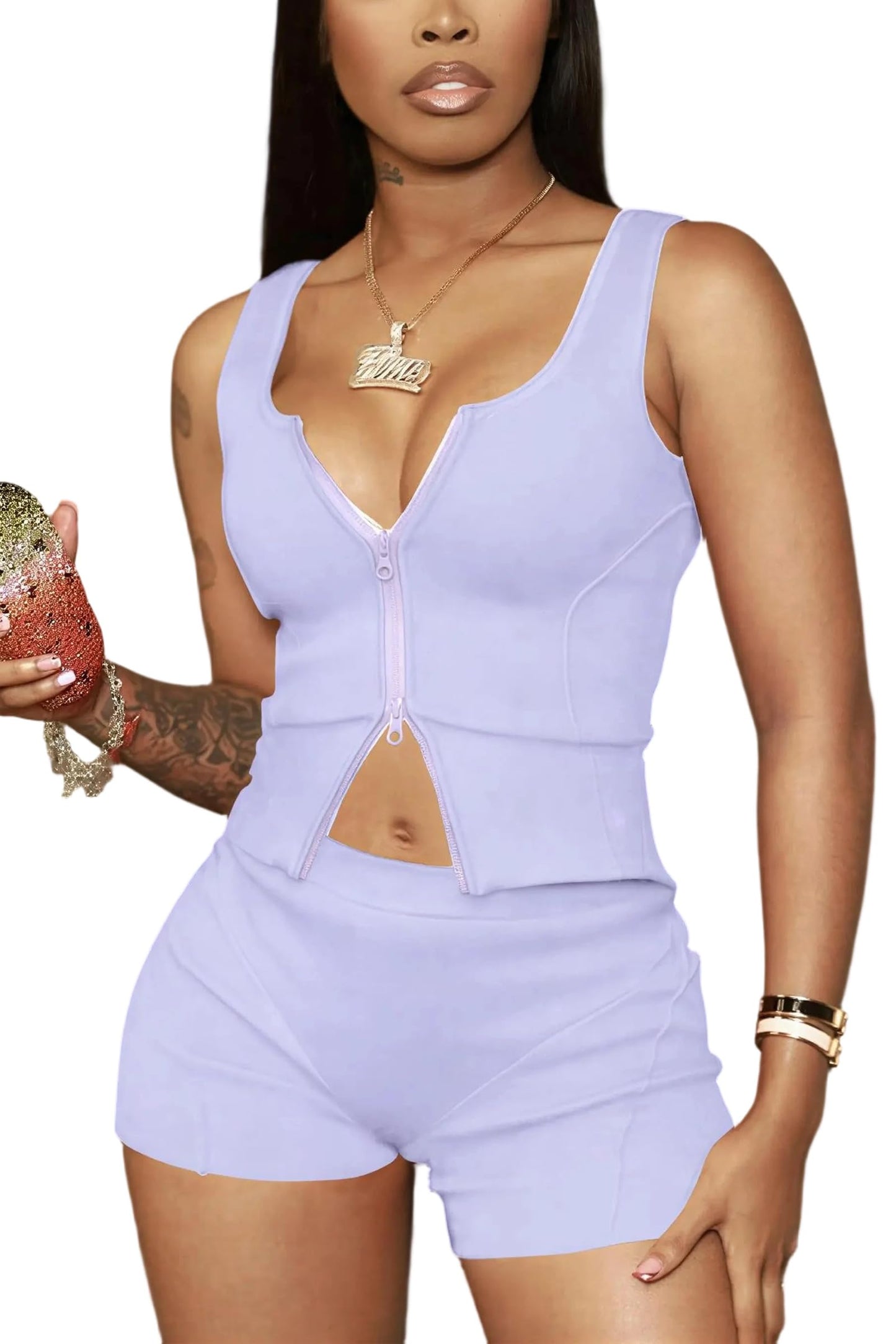 Ekaliy Women's 2 Piece Short Sets Sexy Two-Way Zipper Tank Top and High Waisted Shorts Outfits Bodycon Club Activewear Set