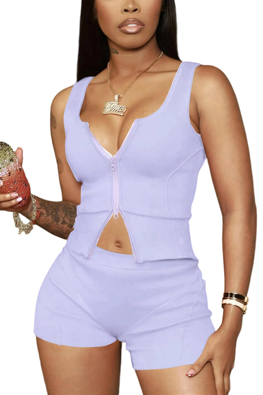 Ekaliy Women's 2 Piece Short Sets Sexy Two-Way Zipper Tank Top and High Waisted Shorts Outfits Bodycon Club Activewear Set