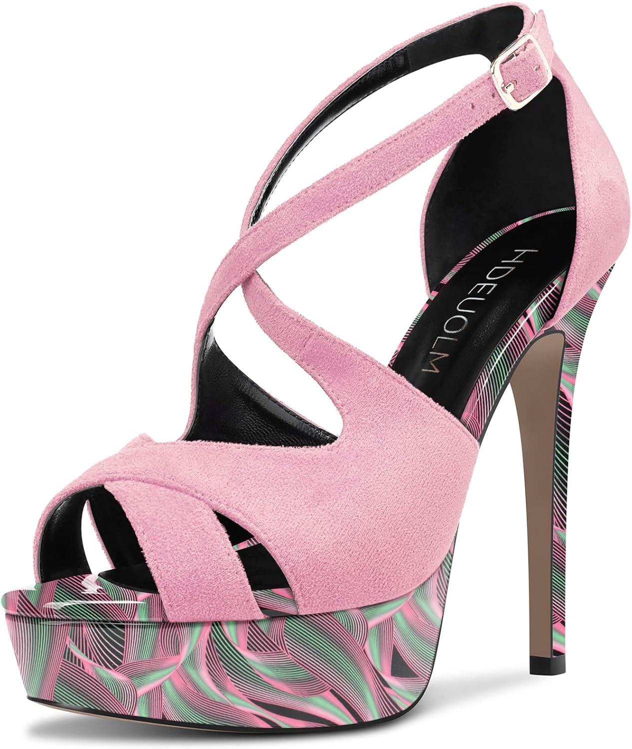 HDEUOLM Women Stiletto High Platform Heel Peep Open Toe Sandals Ankle Strap Wedding Dress 4.7 Inches Heels
