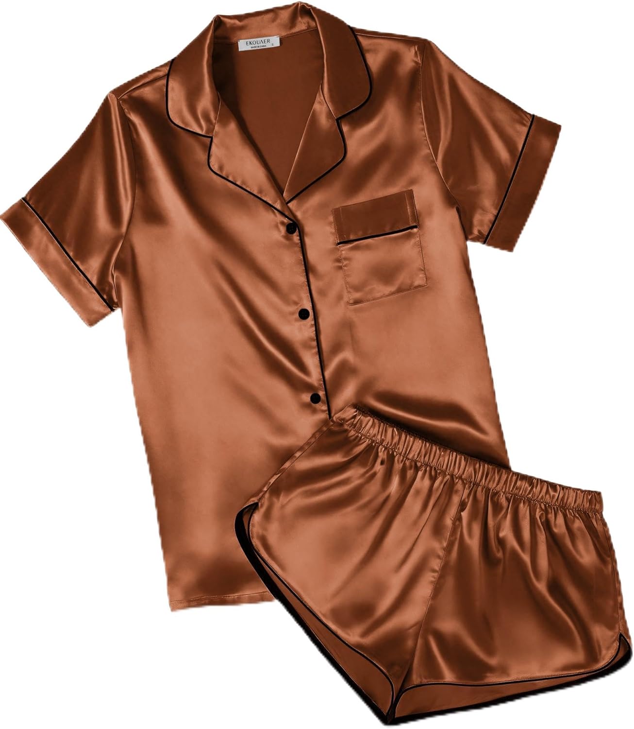 Ekouaer Womens Silk Satin Pajamas Short Sleeve PJS Shorts Set Soft Button Down Sleepwear 2 Piece Loungewear S-5XL