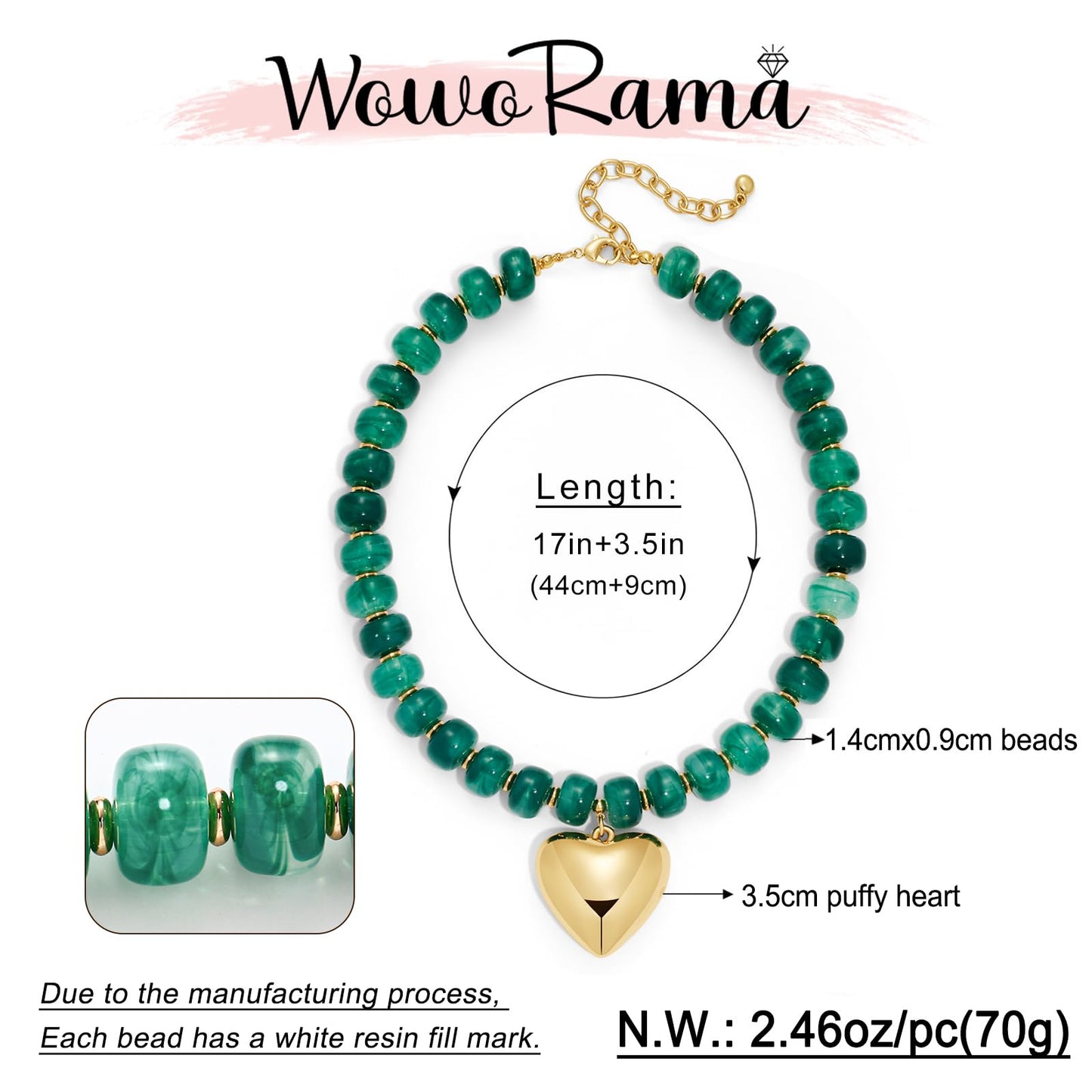 WOWORAMA Chunky Heart Necklaces for Women Colorful Resin Beaded Choker Necklace Gold Puffy Heart Statement Necklace Trendy Acrylic Choker Jewelry