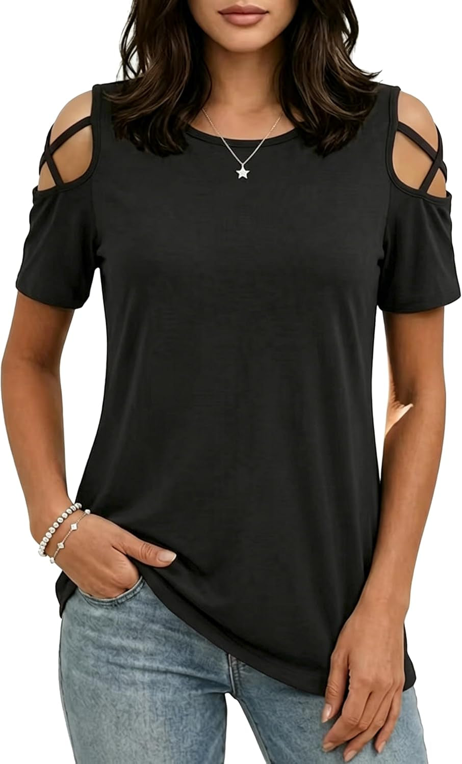 Women'S Summer Tops Short Sleeve Cold Shoulder Tops T-Shirts for Women Spring Summer Tops Loose Fit Tunic 2026