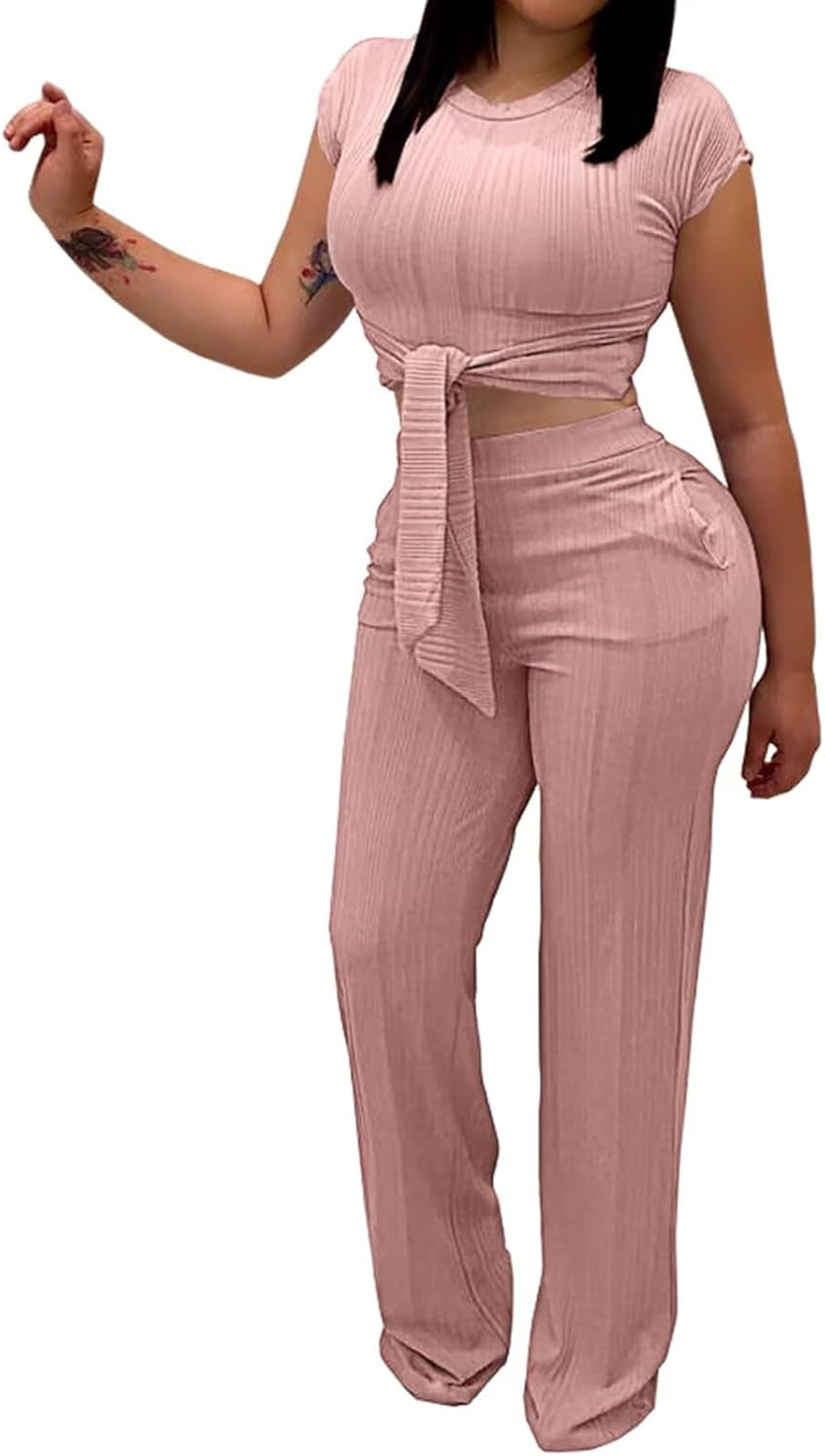 Women 2 Piece Outfits Summer Two Piece Pants Sets Sexy Tie Front Crop Top Wide Leg Casual Ribbed Outfit Pink X-Large