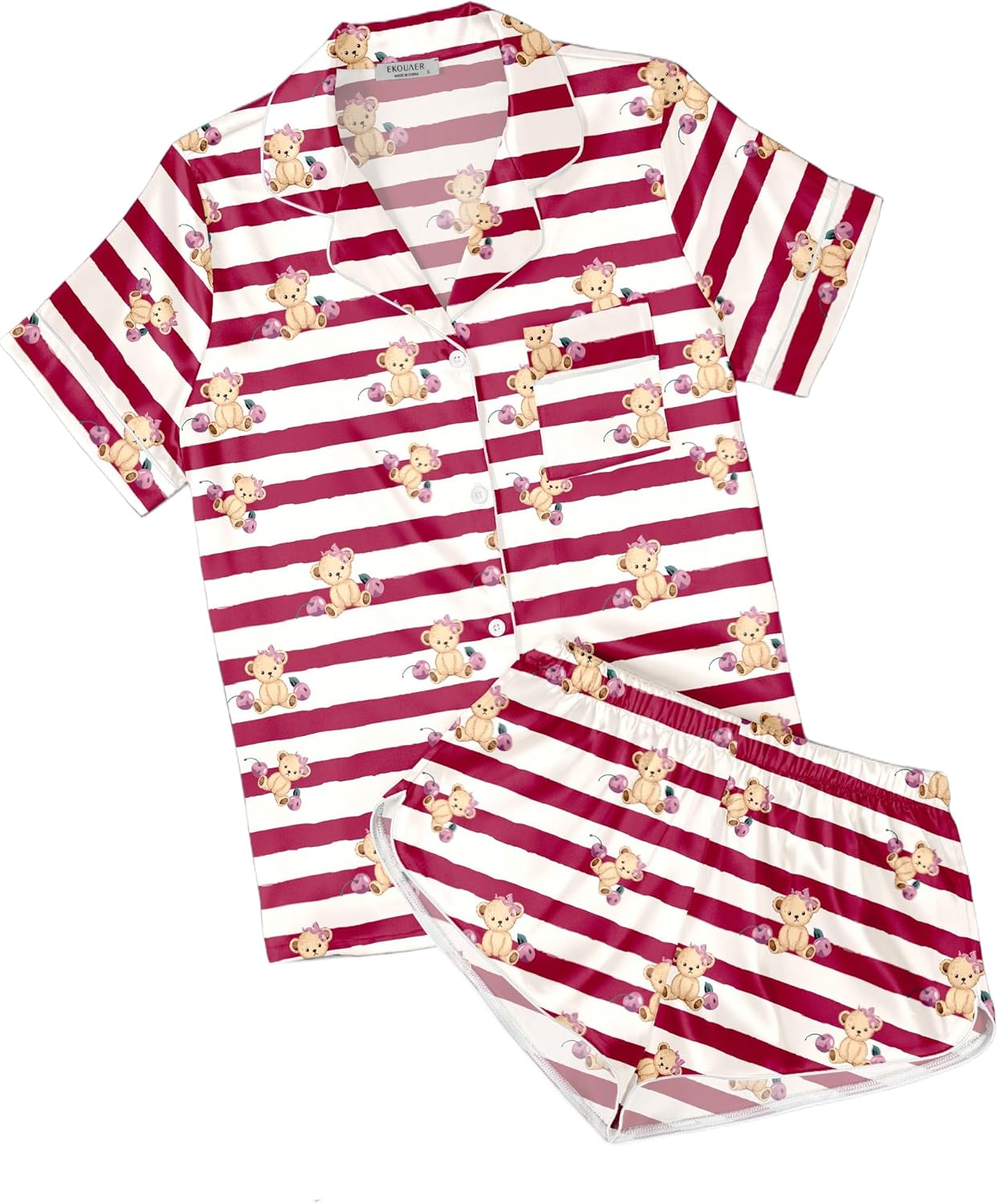 Ekouaer Womens Silk Satin Pajamas Short Sleeve PJS Shorts Set Soft Button Down Sleepwear 2 Piece Loungewear S-5XL