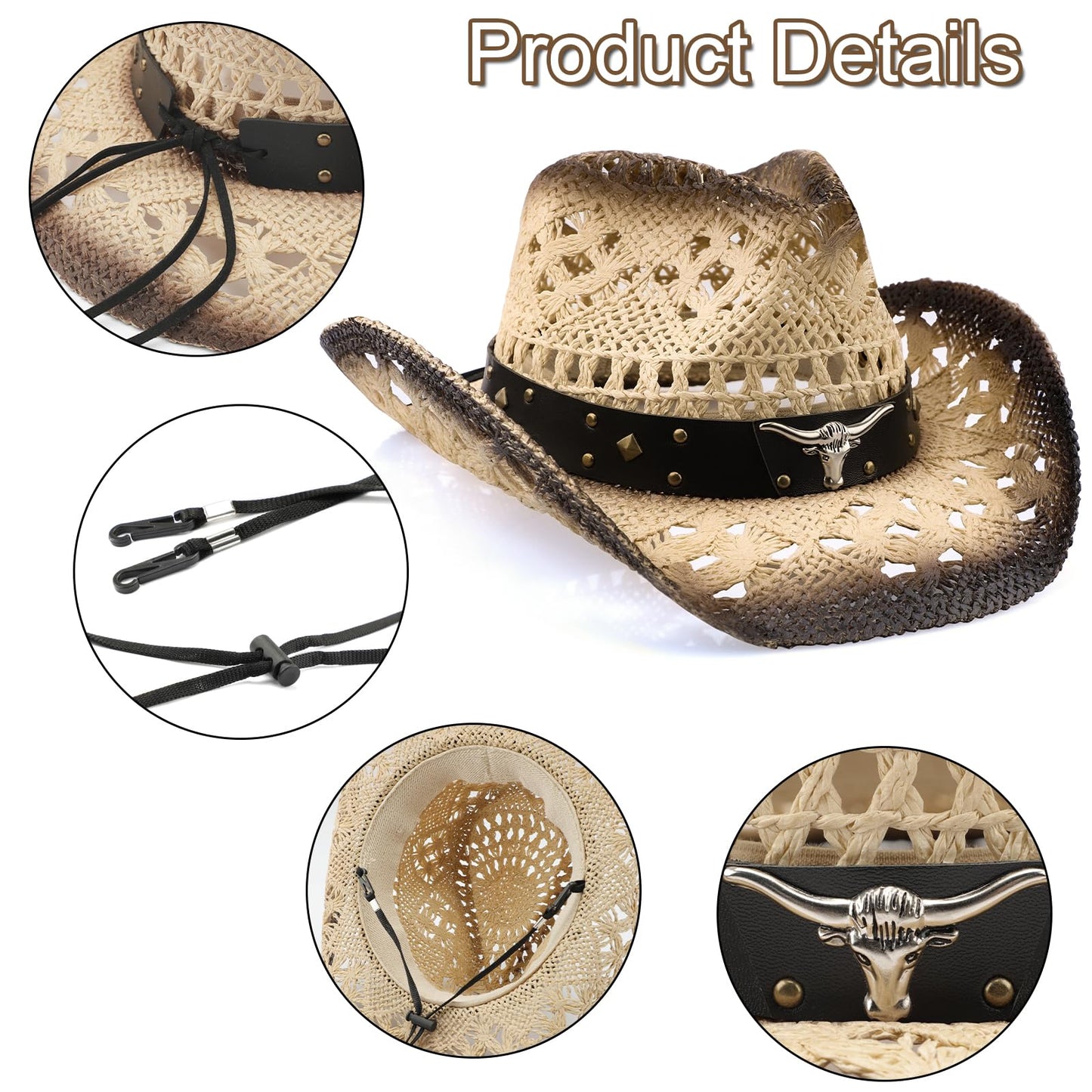 WQWOVRVO Cowboy Hat,Cowgirl Hat,Cowboy Hats for Women/Mens/Straw Wide with Shapeable Brim Cowboy Hat for Womens/White/Black.