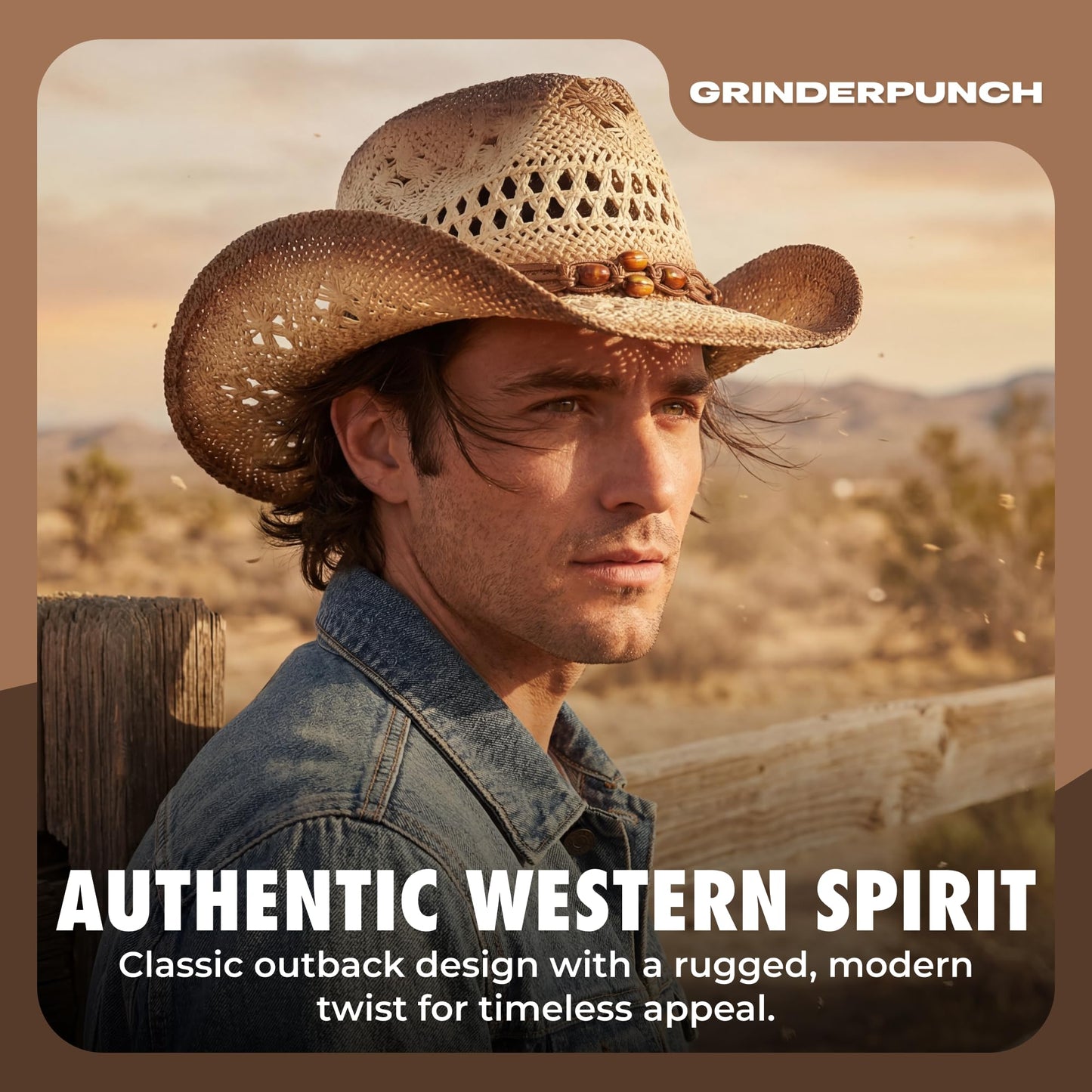 grinderPUNCH Western Outback Cowboy Hat Men's Women's Style Classic Straw Western Cowgirl Hat