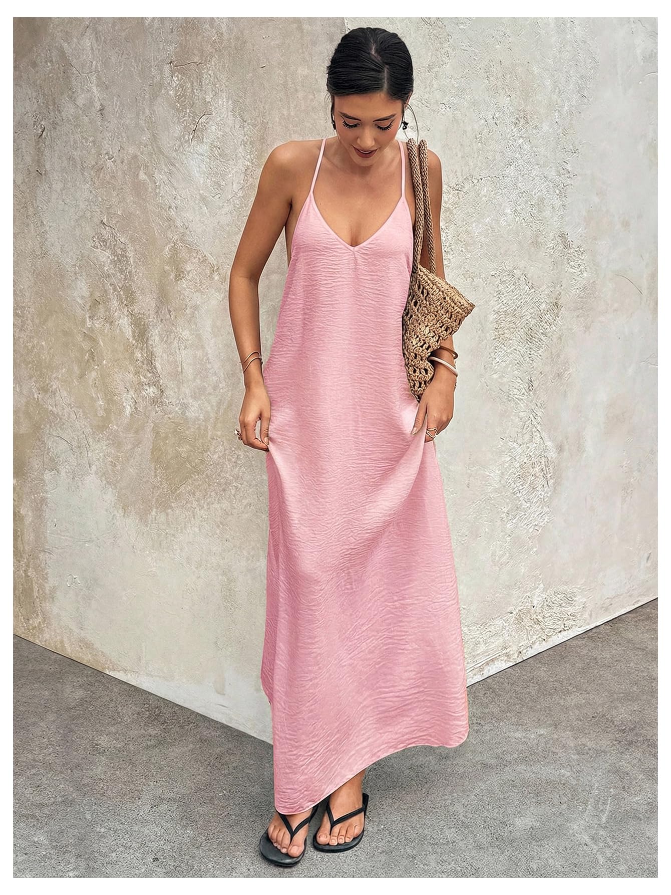 Verdusa Women's Backless Cami Dress Long Maxi Flowy Linen Dresses Summer Vacation Beach Outfits Sun Dress