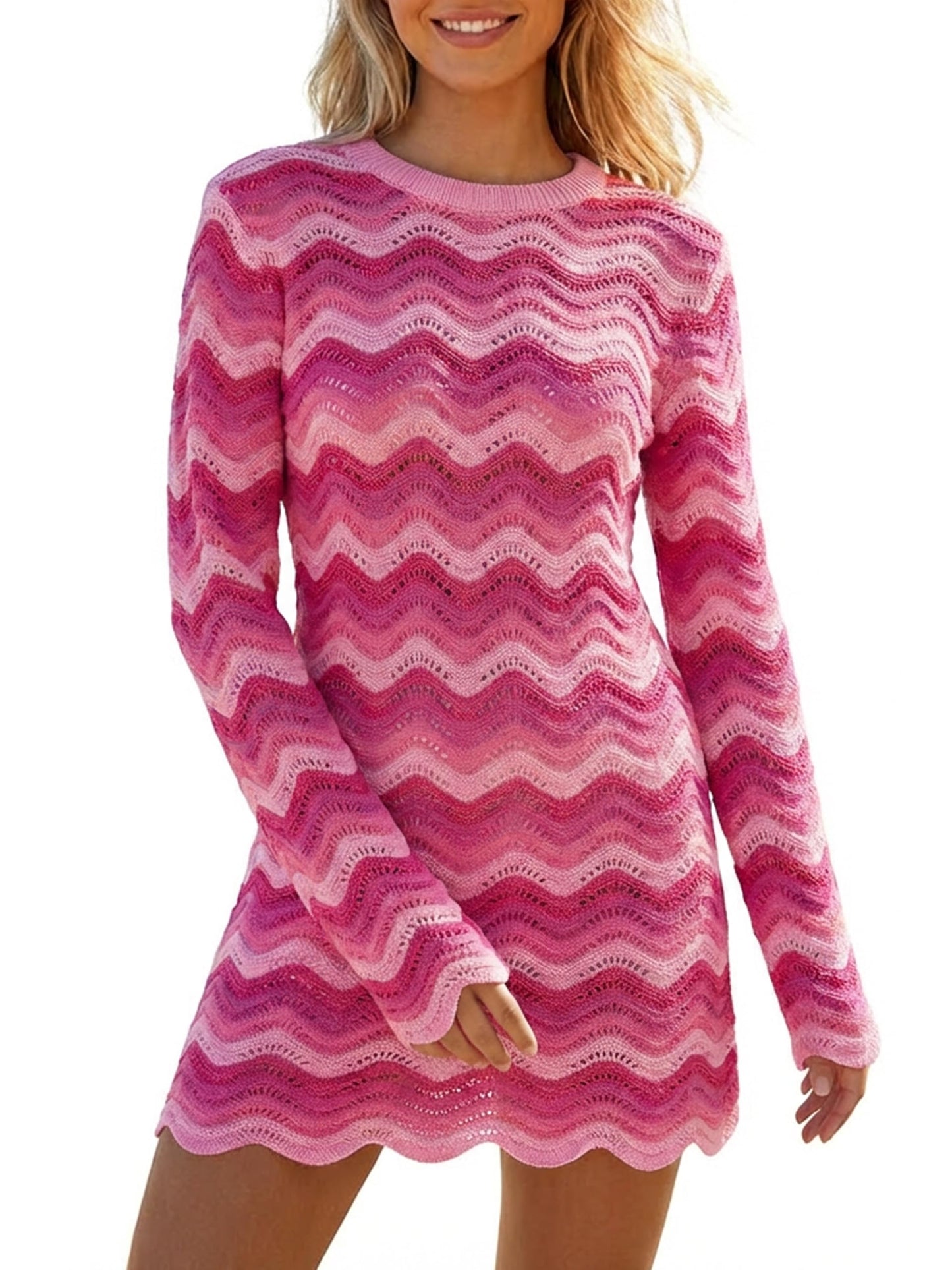 Women's Crochet Colorful Mesh Summer Long Sleeve Cover Ups Casual Striped Beach Wear Knit Mini Dresses