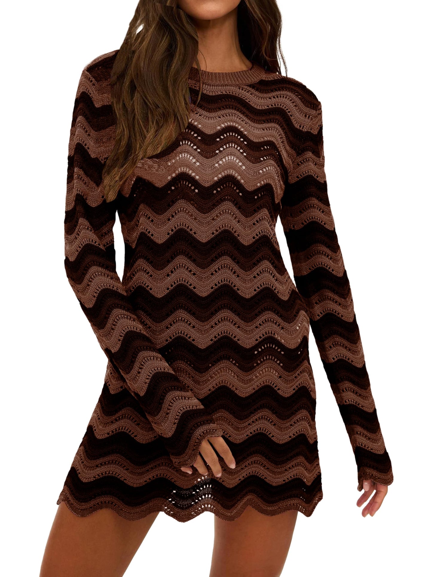 Women's Crochet Colorful Mesh Summer Long Sleeve Cover Ups Casual Striped Beach Wear Knit Mini Dresses