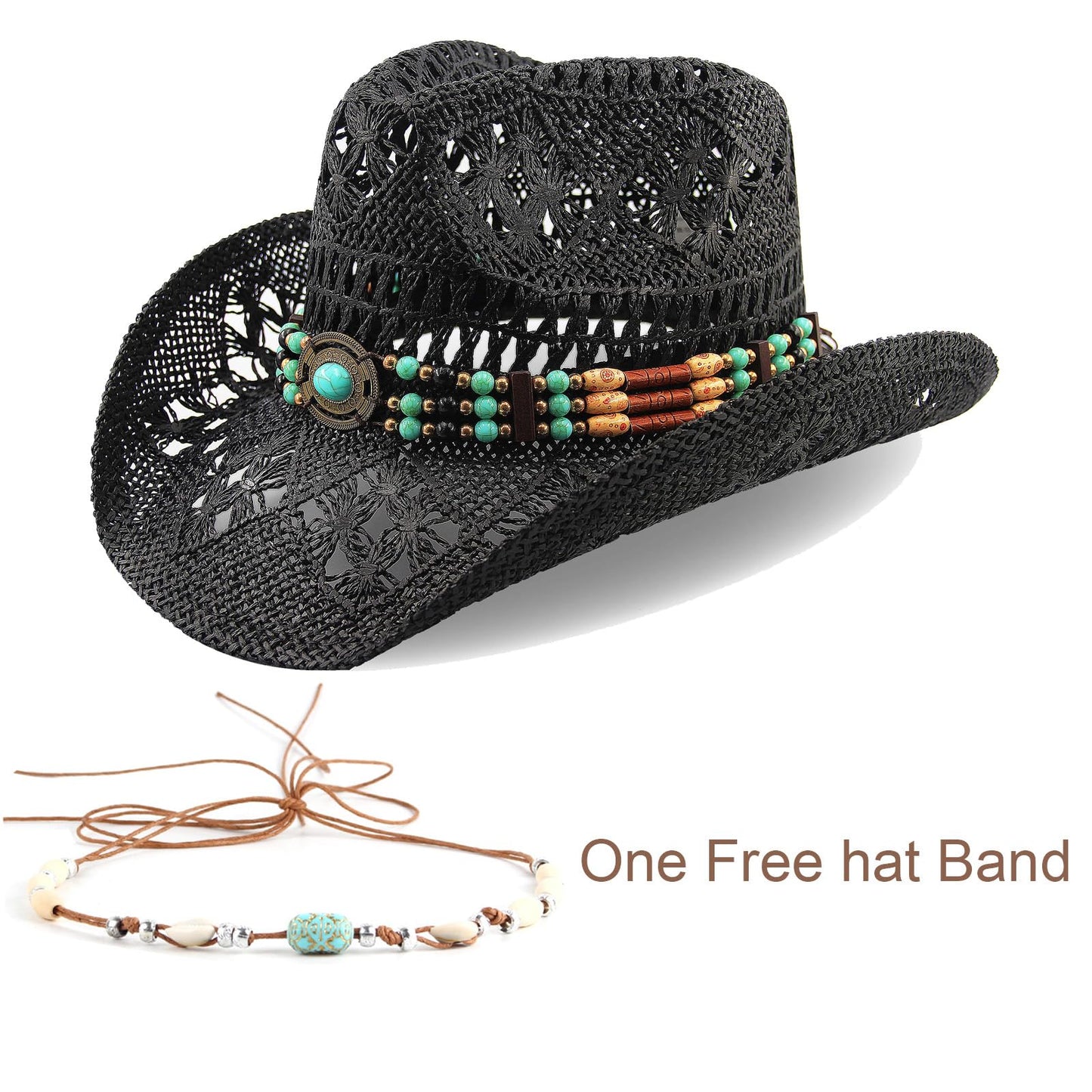 Men's Women's Straw Cowboy Hat Cowgirl Woven Sun Hat Western Cowboy Hat Two Decorative Bands