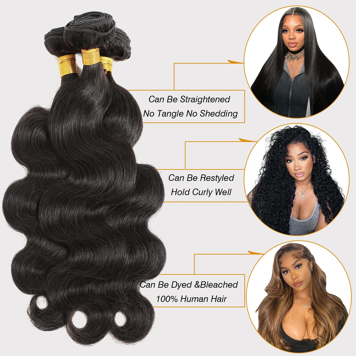 CSCHS 12A Human Hair Bundles 22 24 26 Inch Body Wave Bundles Human Hair 100% Unprocessed Brazilian Virgin Hair Quick Weave Extensions Natural Black