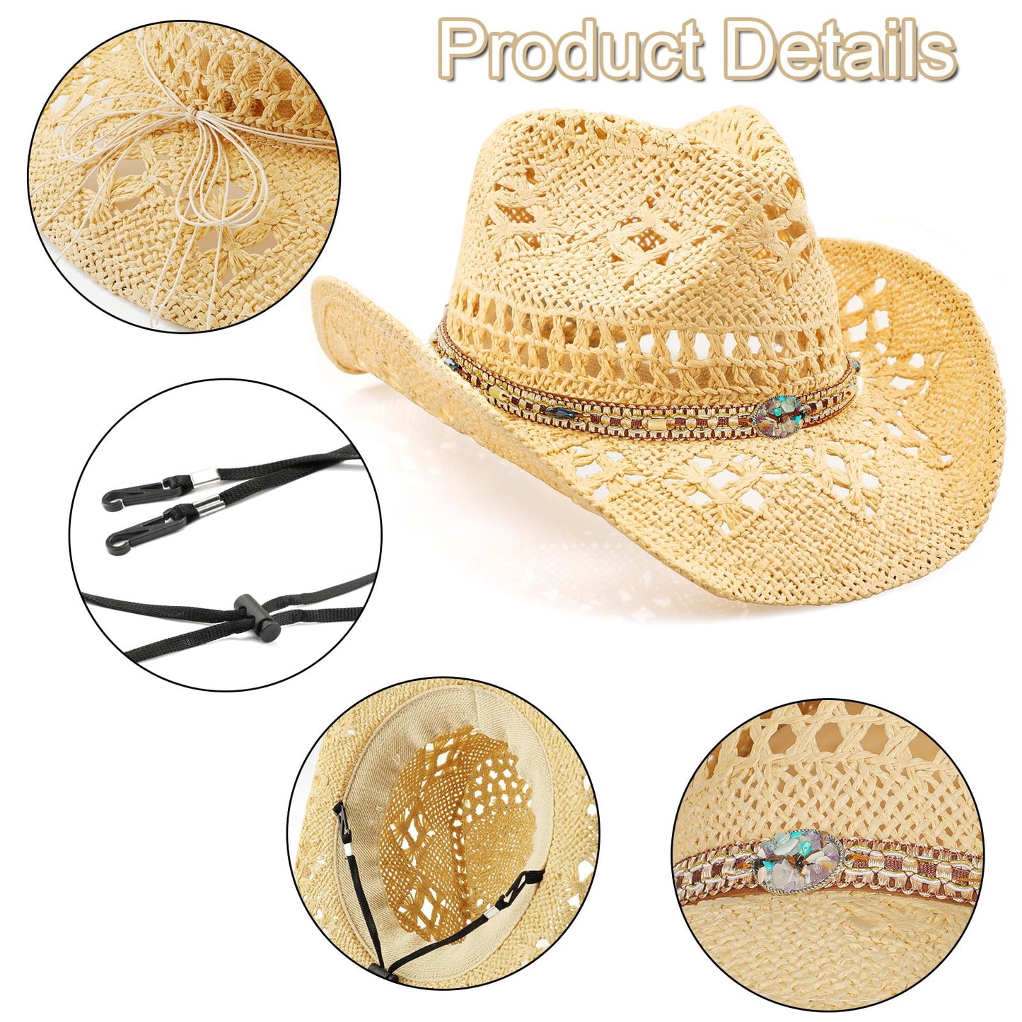 WQWOVRVO Cowboy Hat,Cowgirl Hat,Cowboy Hats for Women/Mens/Straw Wide with Shapeable Brim Cowboy Hat for Womens/White/Black.