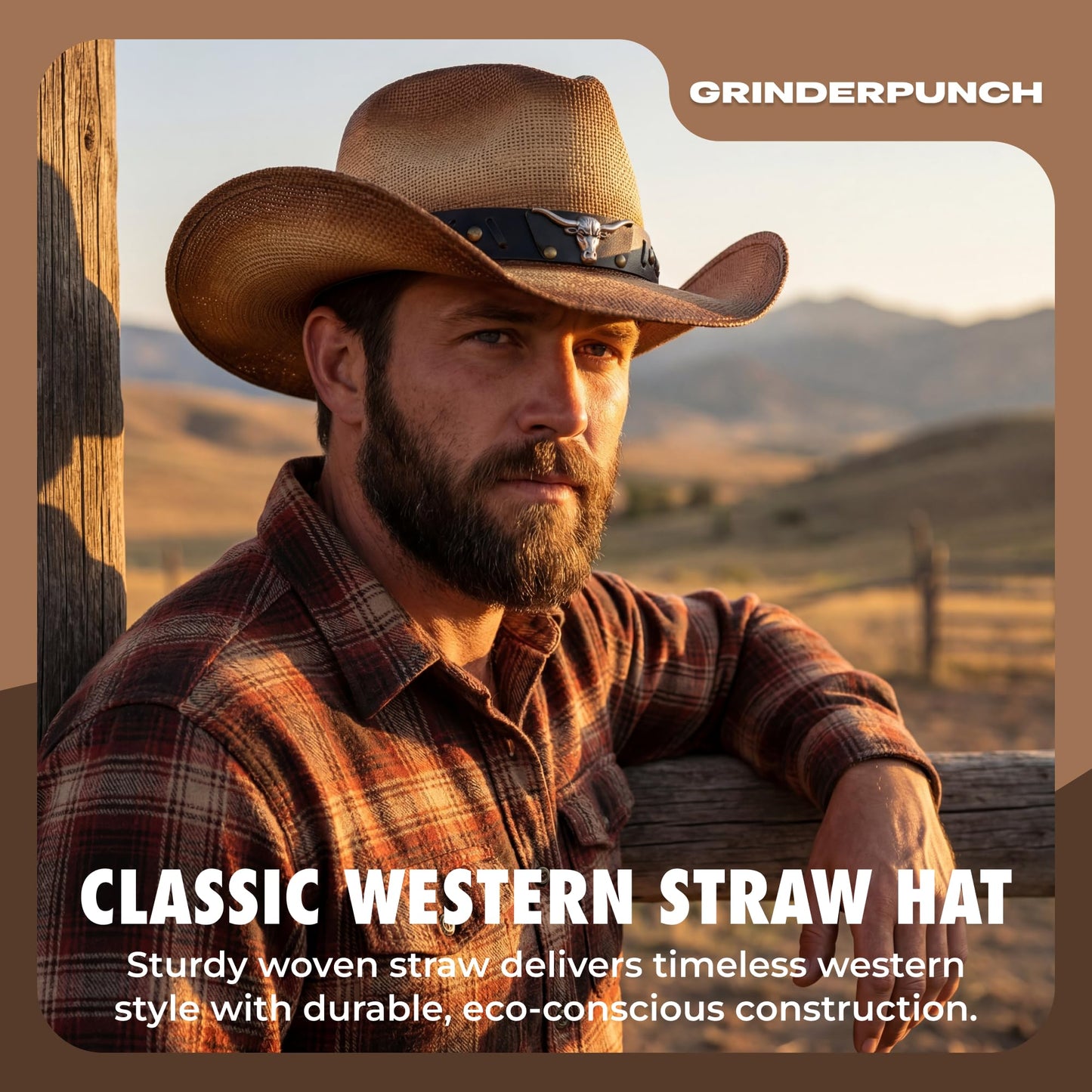grinderPUNCH Western Outback Cowboy Hat Men's Women's Style Classic Straw Western Cowgirl Hat