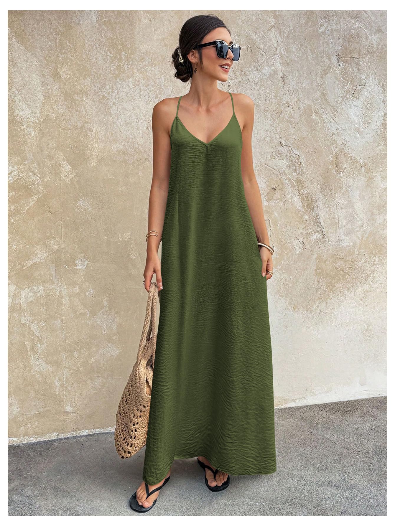 Verdusa Women's Backless Cami Dress Long Maxi Flowy Linen Dresses Summer Vacation Beach Outfits Sun Dress