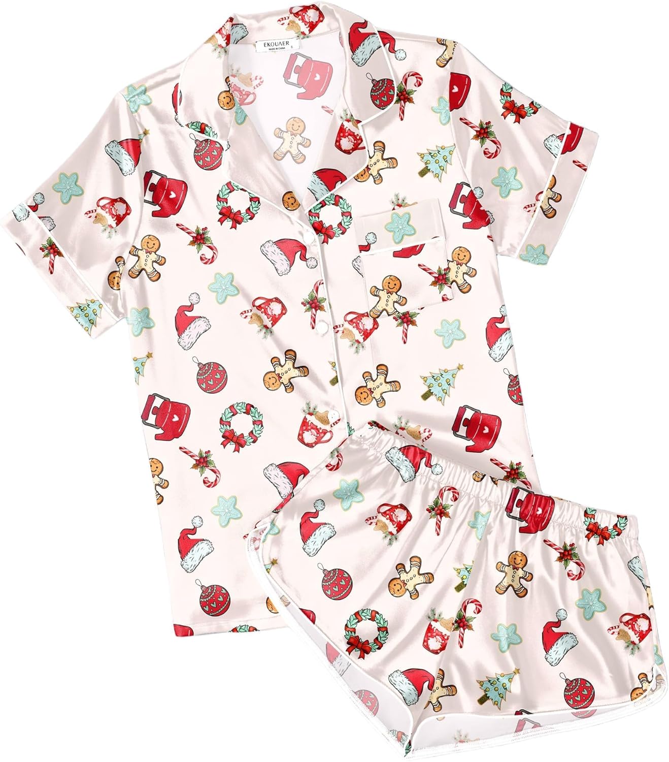 Ekouaer Womens Silk Satin Pajamas Short Sleeve PJS Shorts Set Soft Button Down Sleepwear 2 Piece Loungewear S-5XL