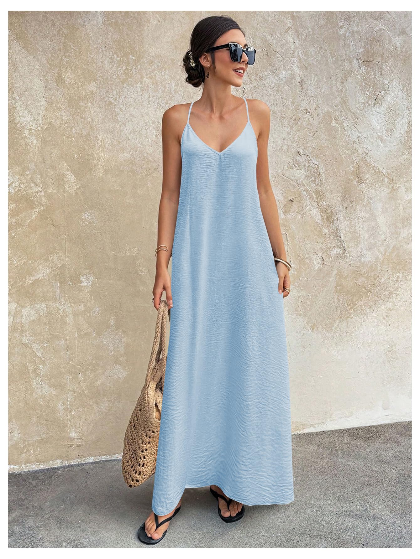 Verdusa Women's Backless Cami Dress Long Maxi Flowy Linen Dresses Summer Vacation Beach Outfits Sun Dress