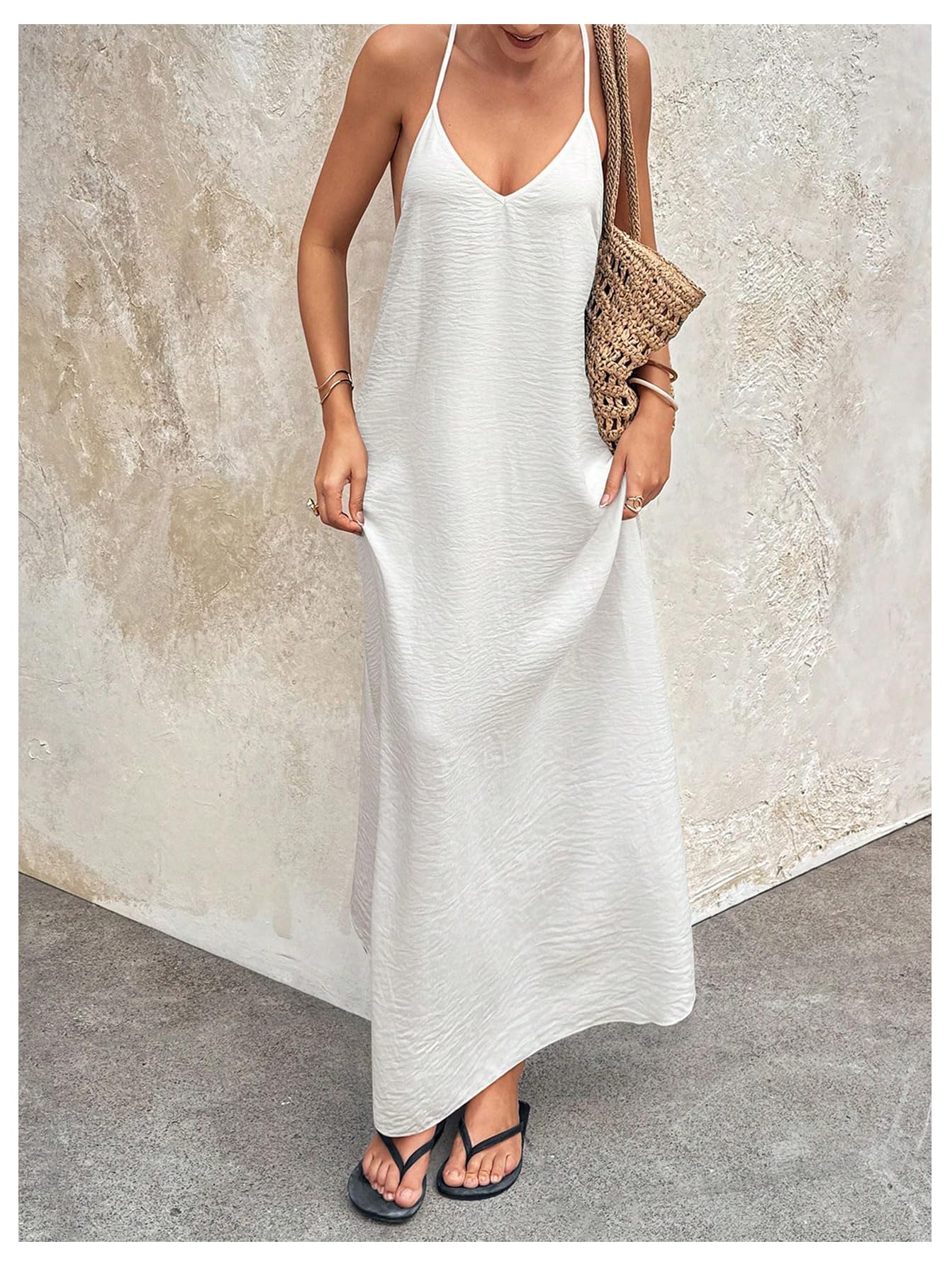 Verdusa Women's Backless Cami Dress Long Maxi Flowy Linen Dresses Summer Vacation Beach Outfits Sun Dress